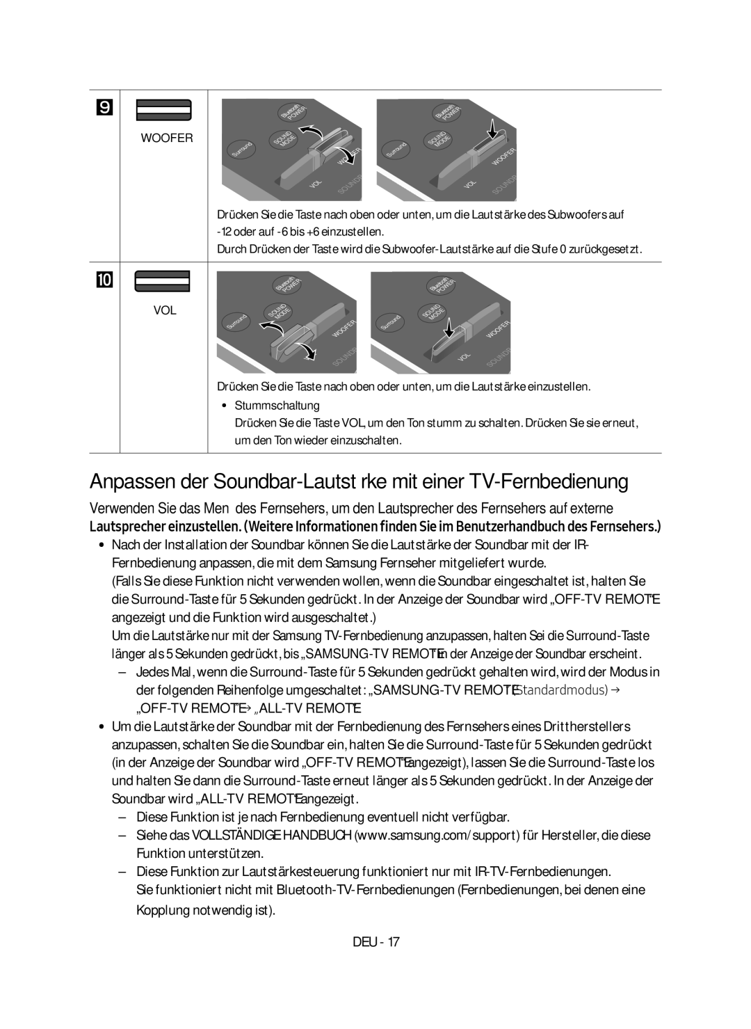 Samsung HW-M450/EN manual Anpassen der Soundbar-Lautstärke mit einer TV-Fernbedienung, Stummschaltung 