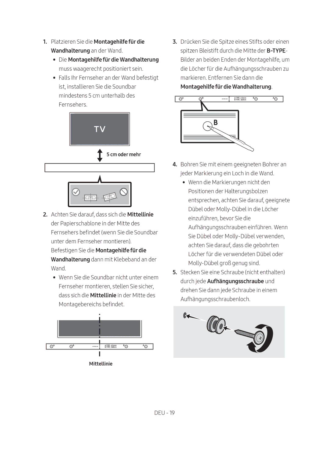 Samsung HW-M450/EN manual Cm oder mehr, Mittellinie 