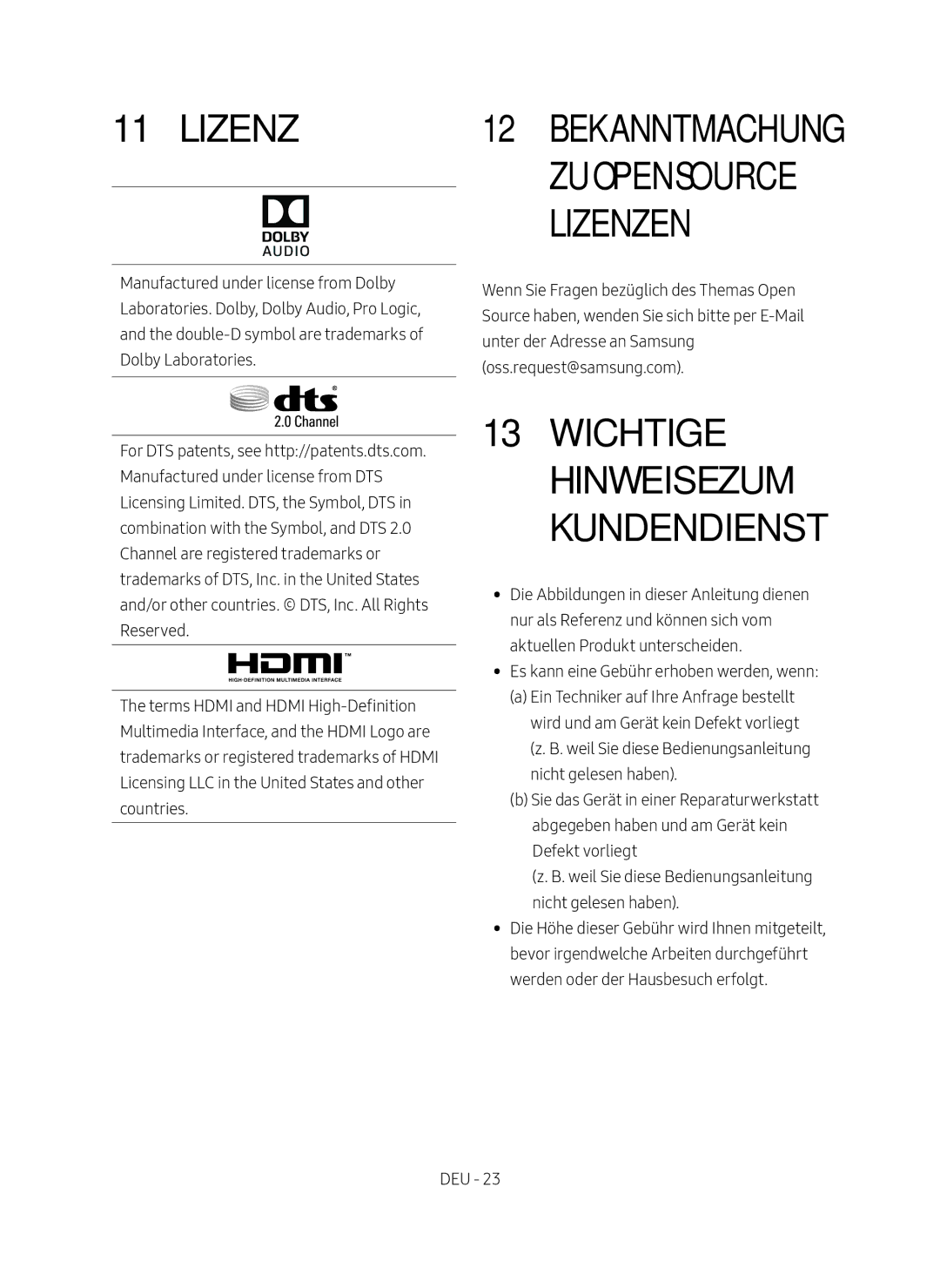 Samsung HW-M450/EN manual Lizenzen, Wichtige Hinweise zum Kundendienst 