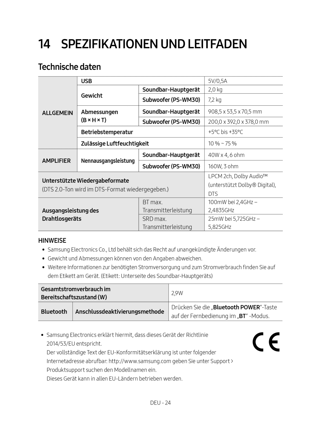 Samsung HW-M450/EN manual Spezifikationen und Leitfaden, Technische daten 