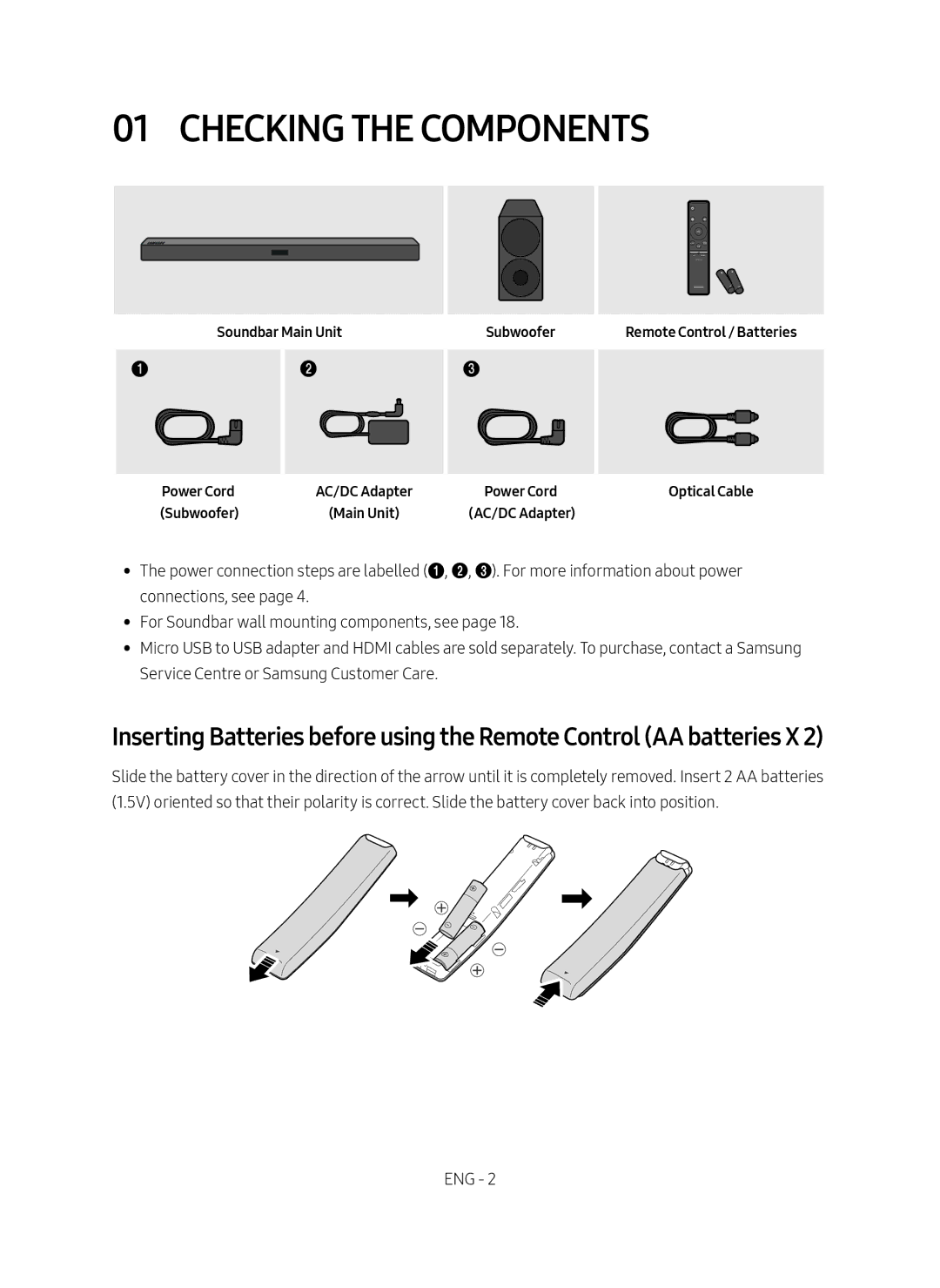 Samsung HW-M450/EN manual Checking the Components, Soundbar Main Unit Power Cord, Subwoofer 