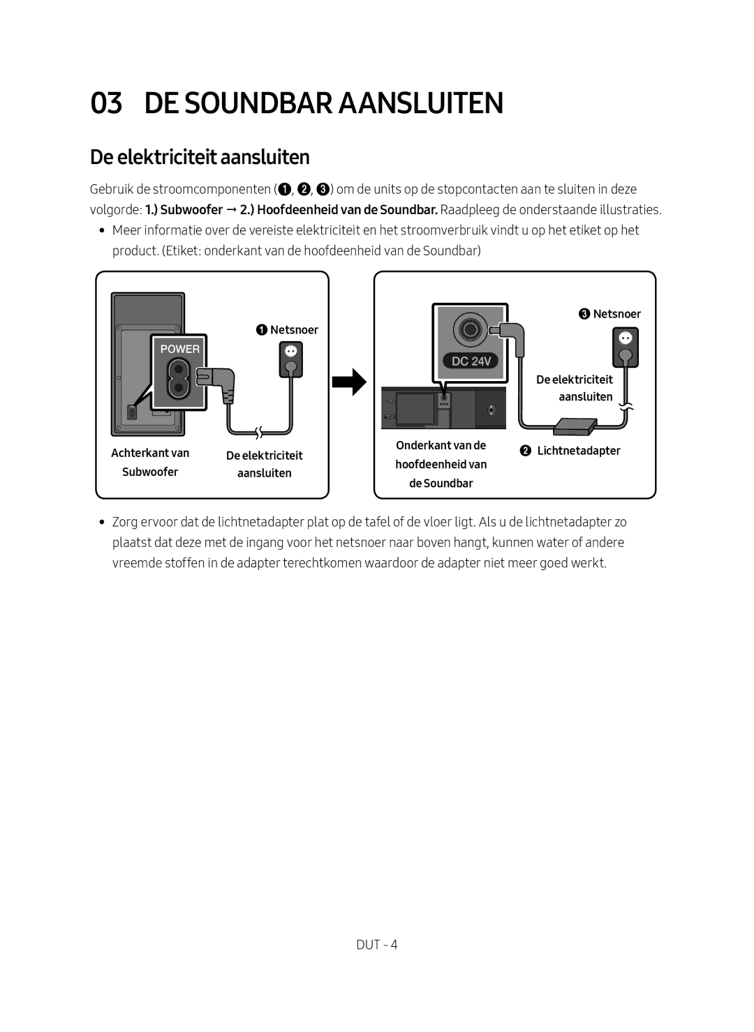 Samsung HW-M450/EN manual De Soundbar Aansluiten, De elektriciteit aansluiten, 1Netsnoer, 3Netsnoer, Lichtnetadapter 