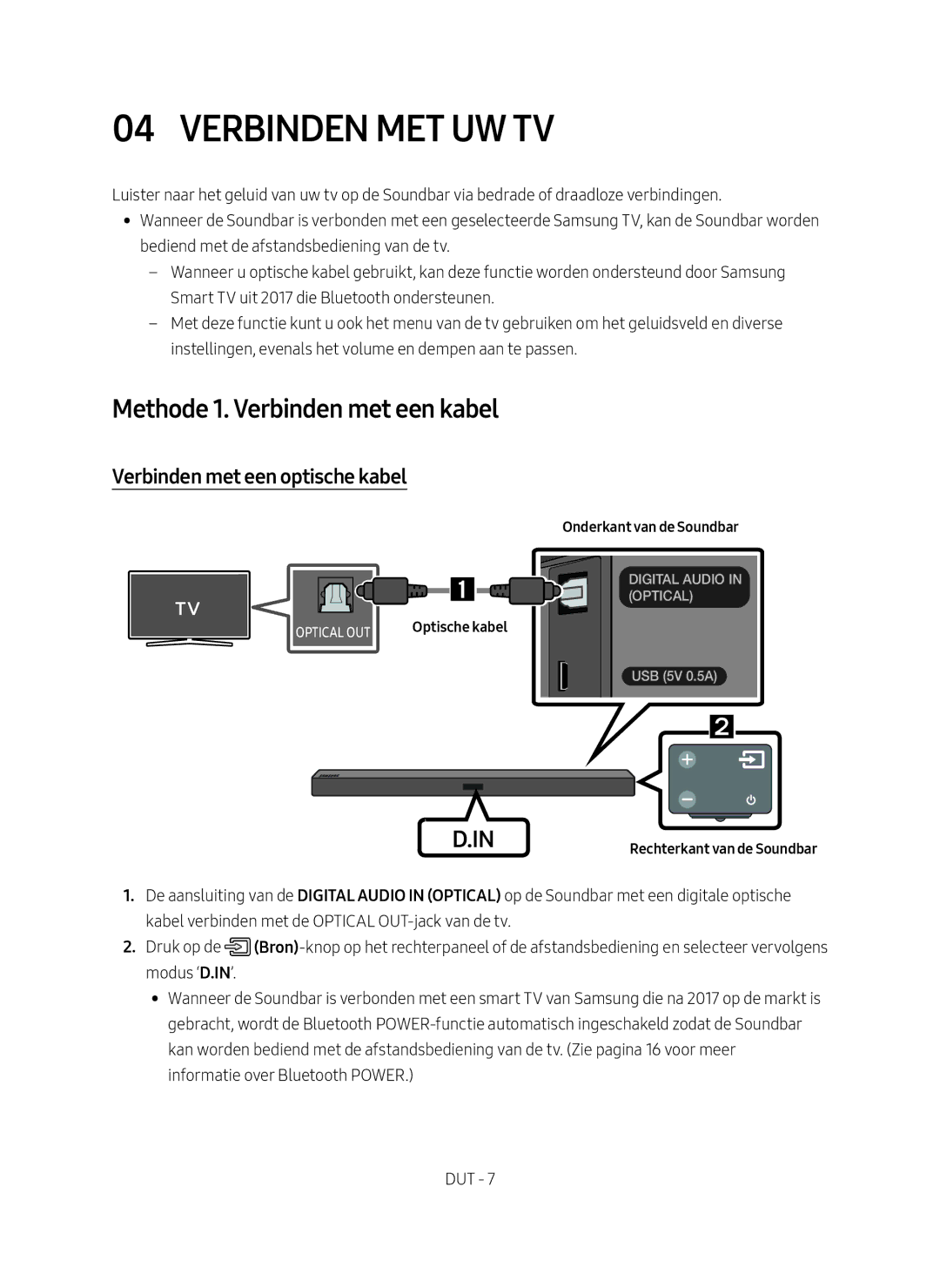 Samsung HW-M450/EN manual Verbinden met uw TV, Methode 1. Verbinden met een kabel, Verbinden met een optische kabel 