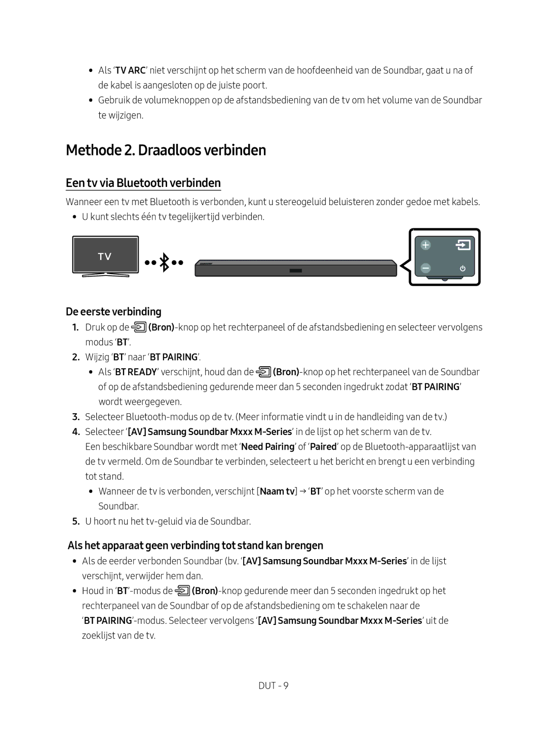 Samsung HW-M450/EN manual Methode 2. Draadloos verbinden, Een tv via Bluetooth verbinden, De eerste verbinding 