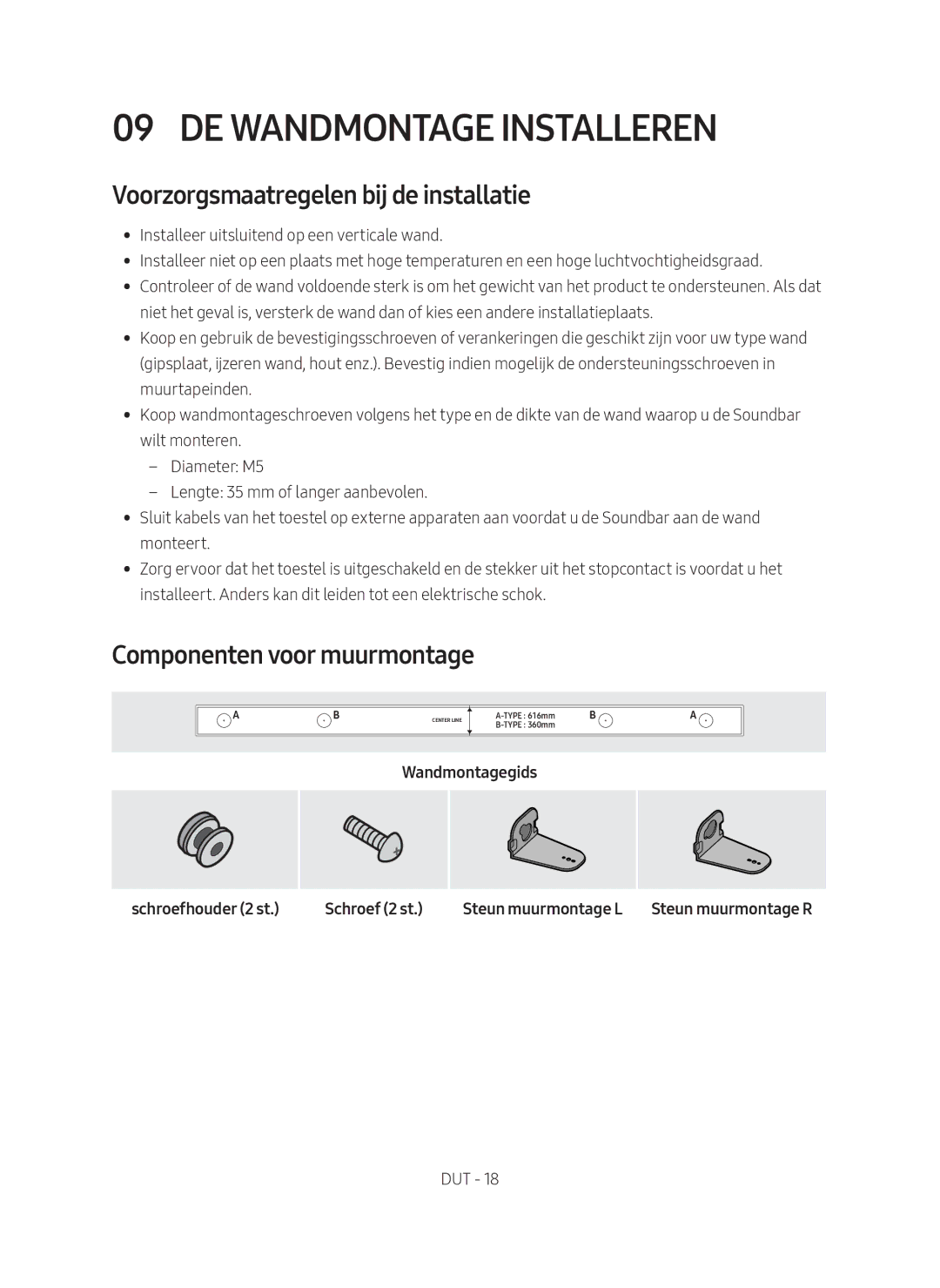 Samsung HW-M450/EN manual De Wandmontage Installeren, Voorzorgsmaatregelen bij de installatie, Componenten voor muurmontage 