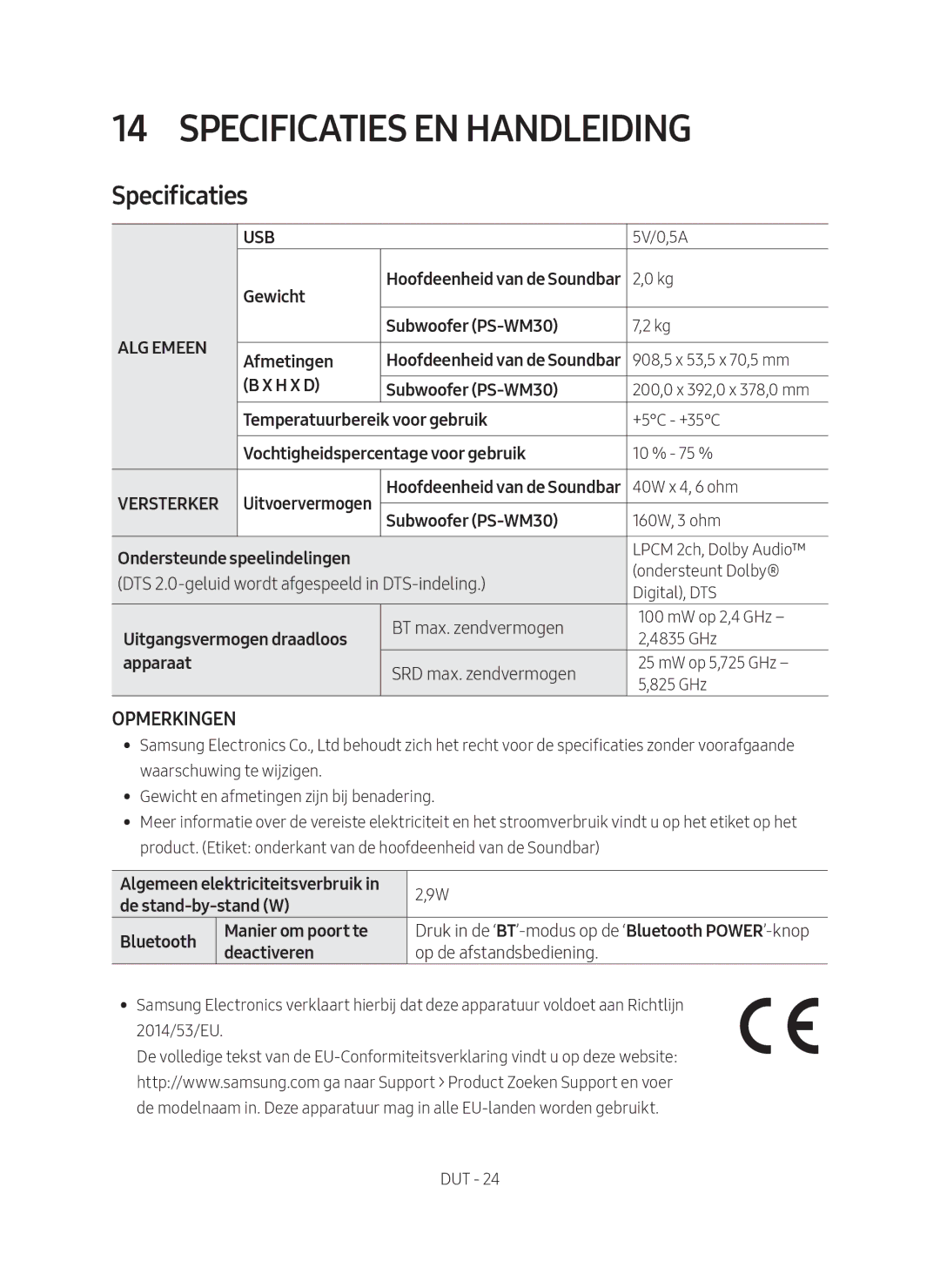 Samsung HW-M450/EN manual Specificaties en Handleiding 