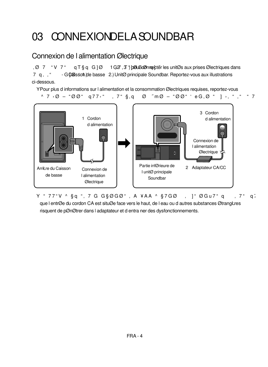 Samsung HW-M450/EN manual Connexion de la Soundbar, Connexion de l’alimentation électrique, Cordon ’alimentation 