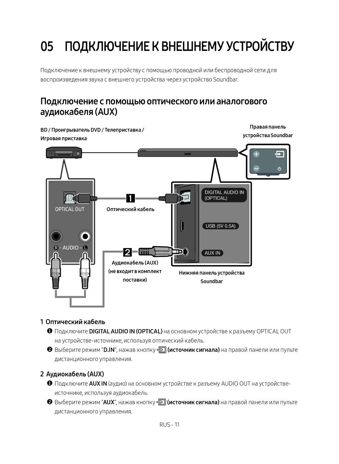 Samsung HW-M450/RU manual 05 Подключение к внешнему устройству, Оптический кабель, Аудиокабель AUX 