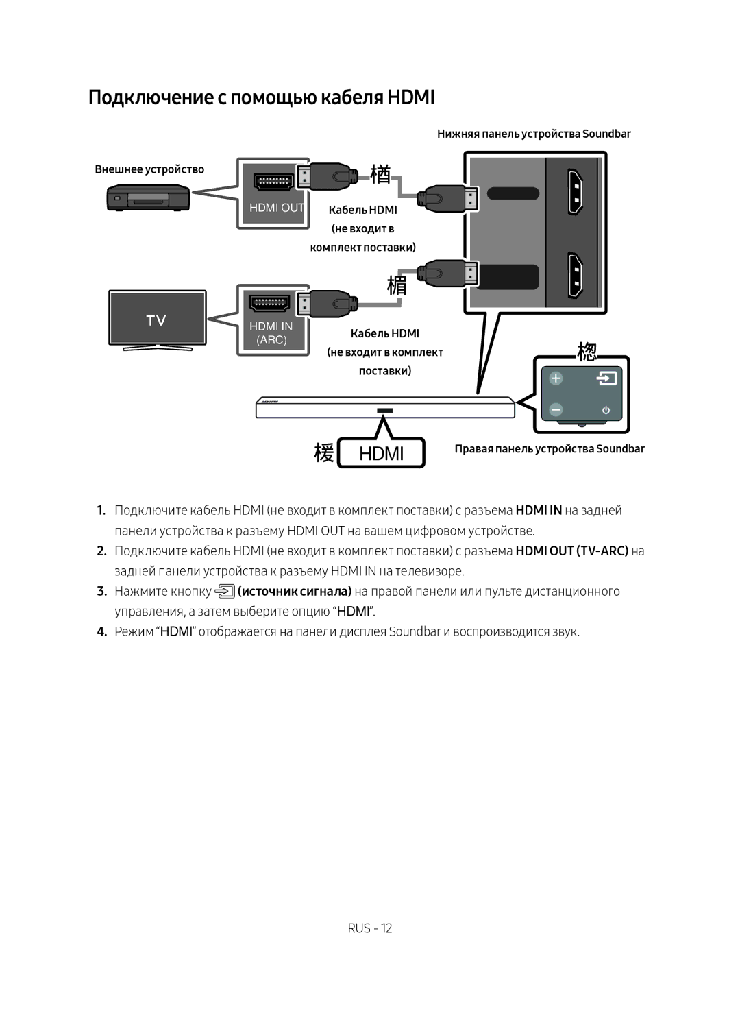 Samsung HW-M450/RU manual Подключение с помощью кабеля Hdmi, Нижняя панель устройства Soundbar Внешнее устройство 