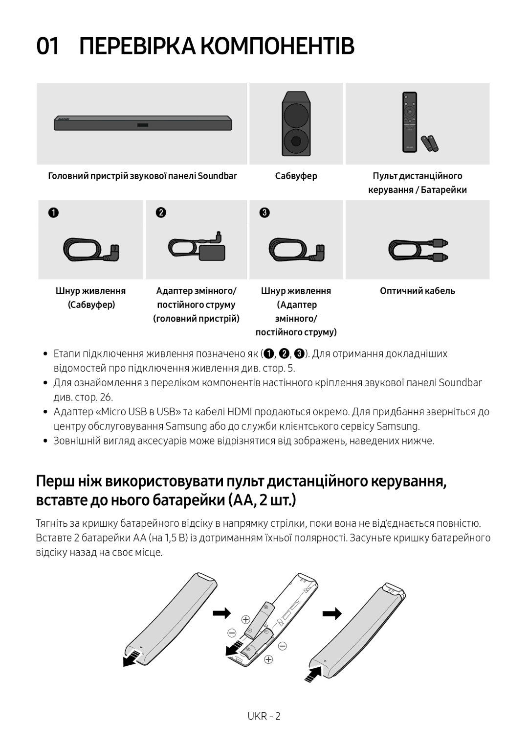 Samsung HW-M450/RU manual 01 Перевірка Компонентів, Головний пристрій звукової панелі Soundbar Сабвуфер, Адаптер 