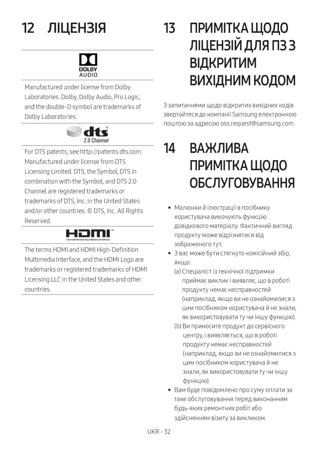 Samsung HW-M450/RU manual Ліцензія, Відкритим, Важлива 