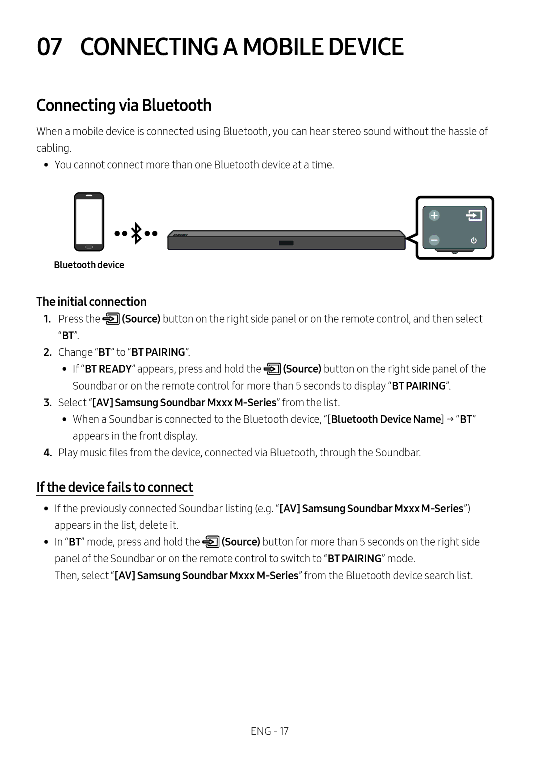 Samsung HW-M450/SQ Connecting a Mobile Device, Connecting via Bluetooth, If the device fails to connect, Bluetooth device 