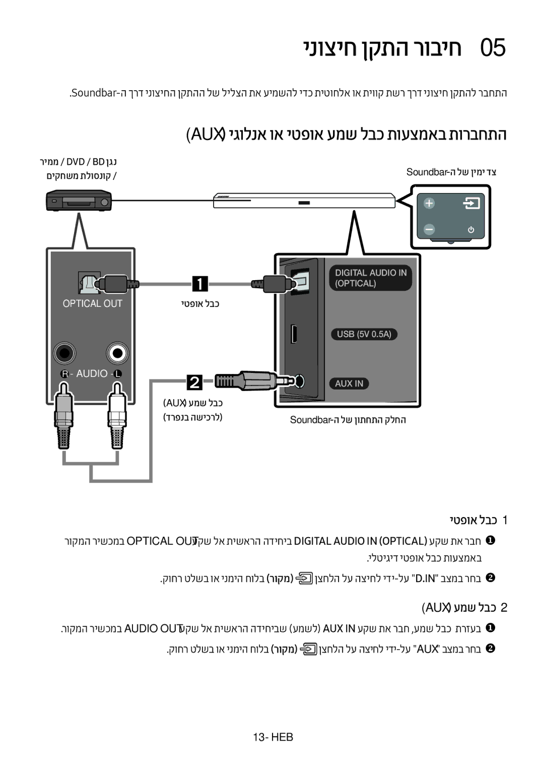 Samsung HW-M450/SQ ינוציח ןקתה רוביח0, Aux יגולנא וא יטפוא עמש לבכ תועצמאב תורבחתה, יטפוא לבכ, Aux עמש לבכ, םיקחשמ תלוסנוק 