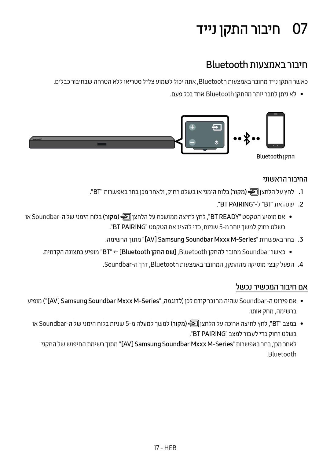 Samsung HW-M450/SQ manual דיינ ןקתה רוביח0, Bluetooth תועצמאב רוביח, לשכנ רישכמה רוביח םא, Bluetooth HEB 