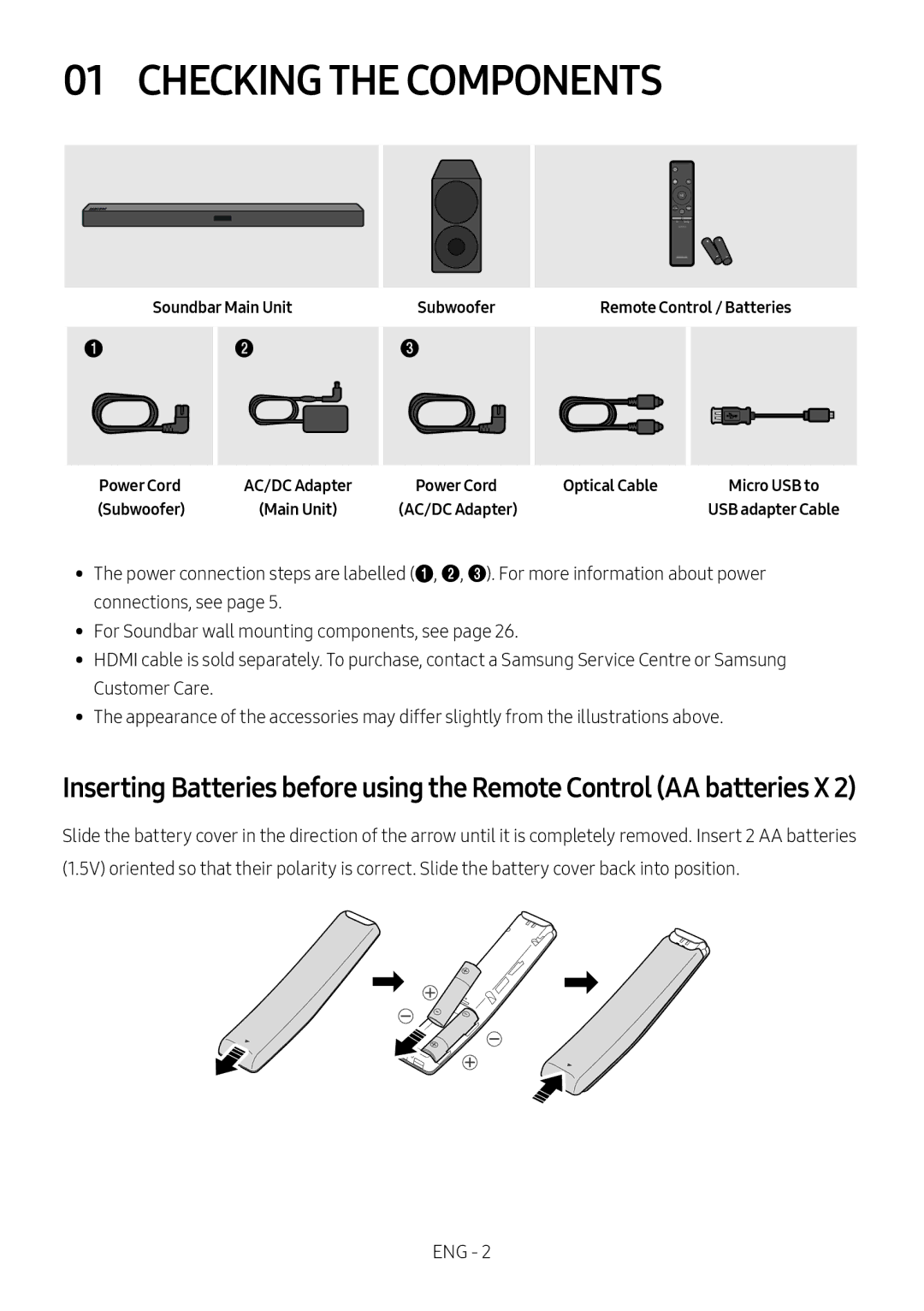 Samsung HW-M450/SQ manual Checking the Components, Soundbar Main Unit Power Cord, Subwoofer, Optical Cable 