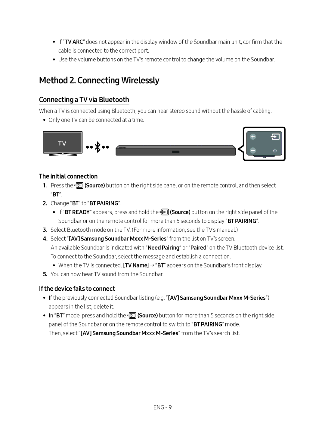 Samsung HW-M450/SQ manual Method 2. Connecting Wirelessly, Connecting a TV via Bluetooth, Initial connection 