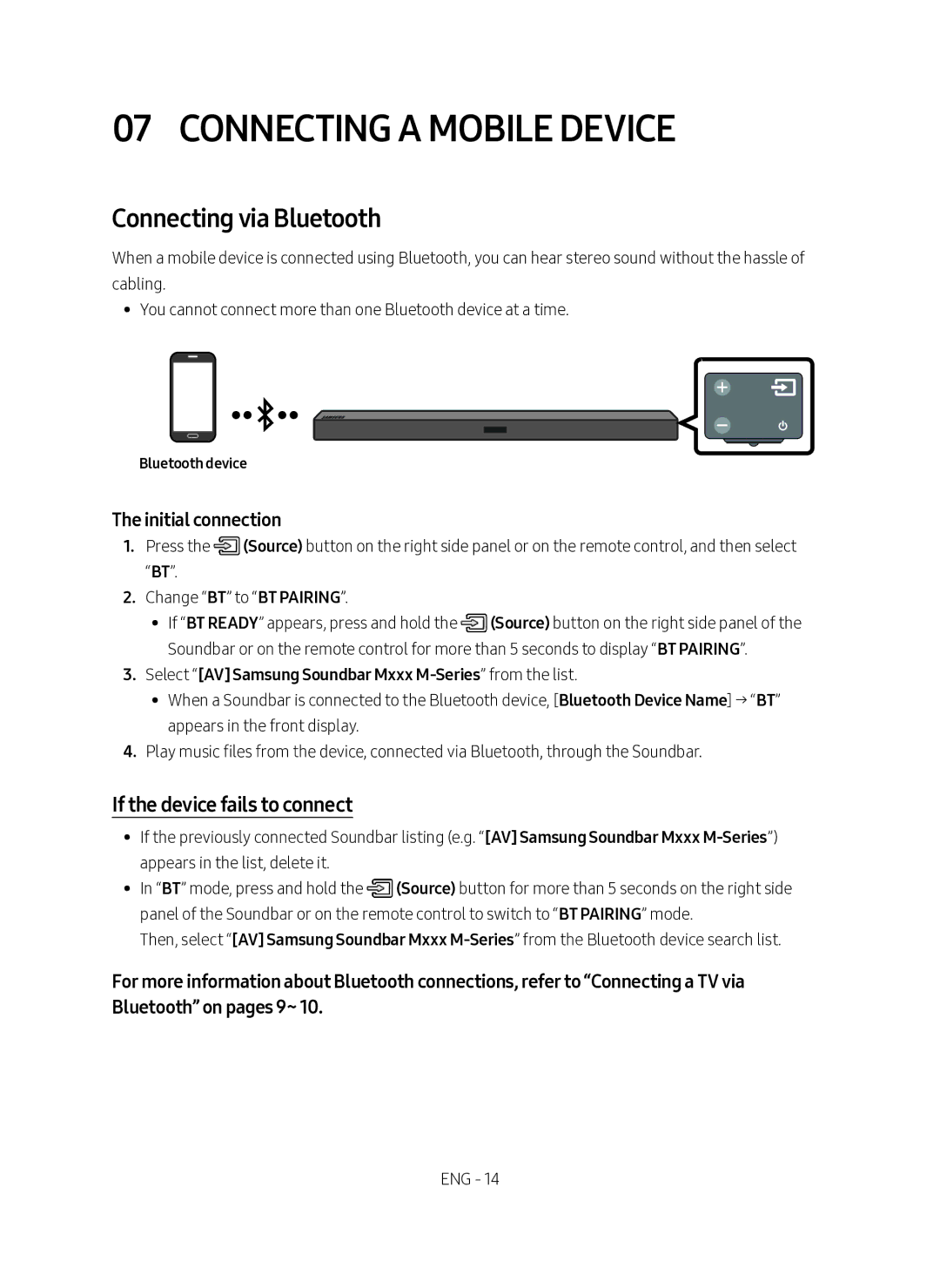 Samsung HW-M450/SQ Connecting a Mobile Device, Connecting via Bluetooth, If the device fails to connect, Bluetooth device 