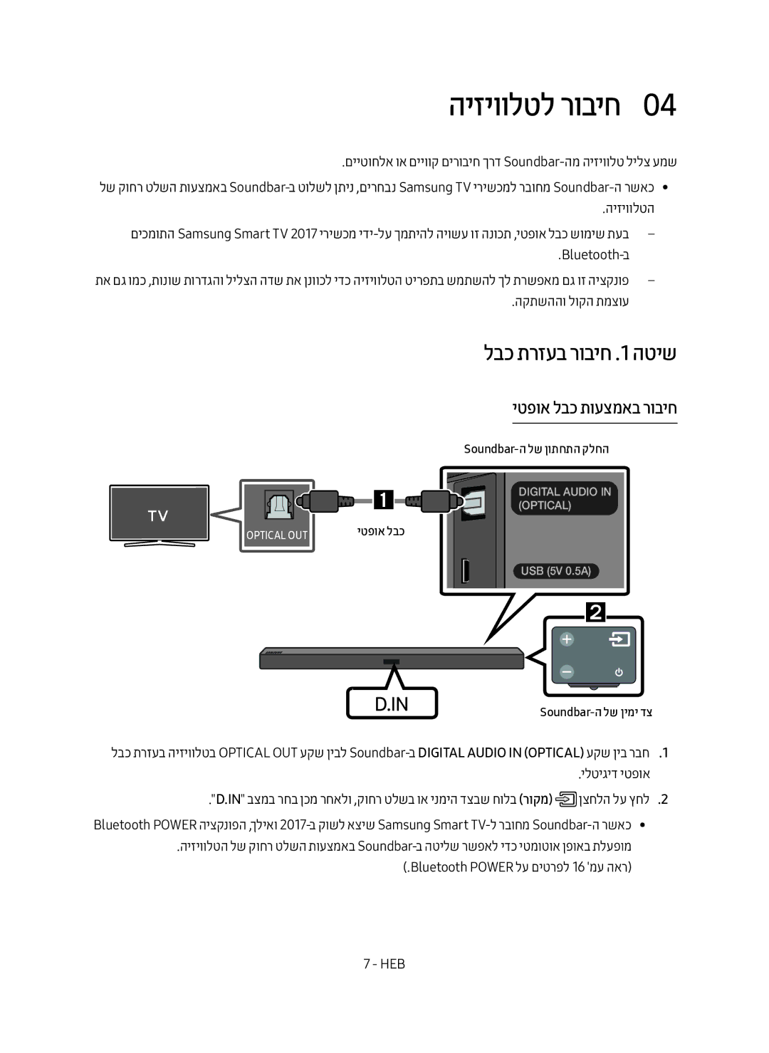 Samsung HW-M450/SQ manual היזיוולטל רוביח0, לבכ תרזעב רוביח .1 הטיש, Bluetooth-ב, הקתשההו לוקה תמצוע 