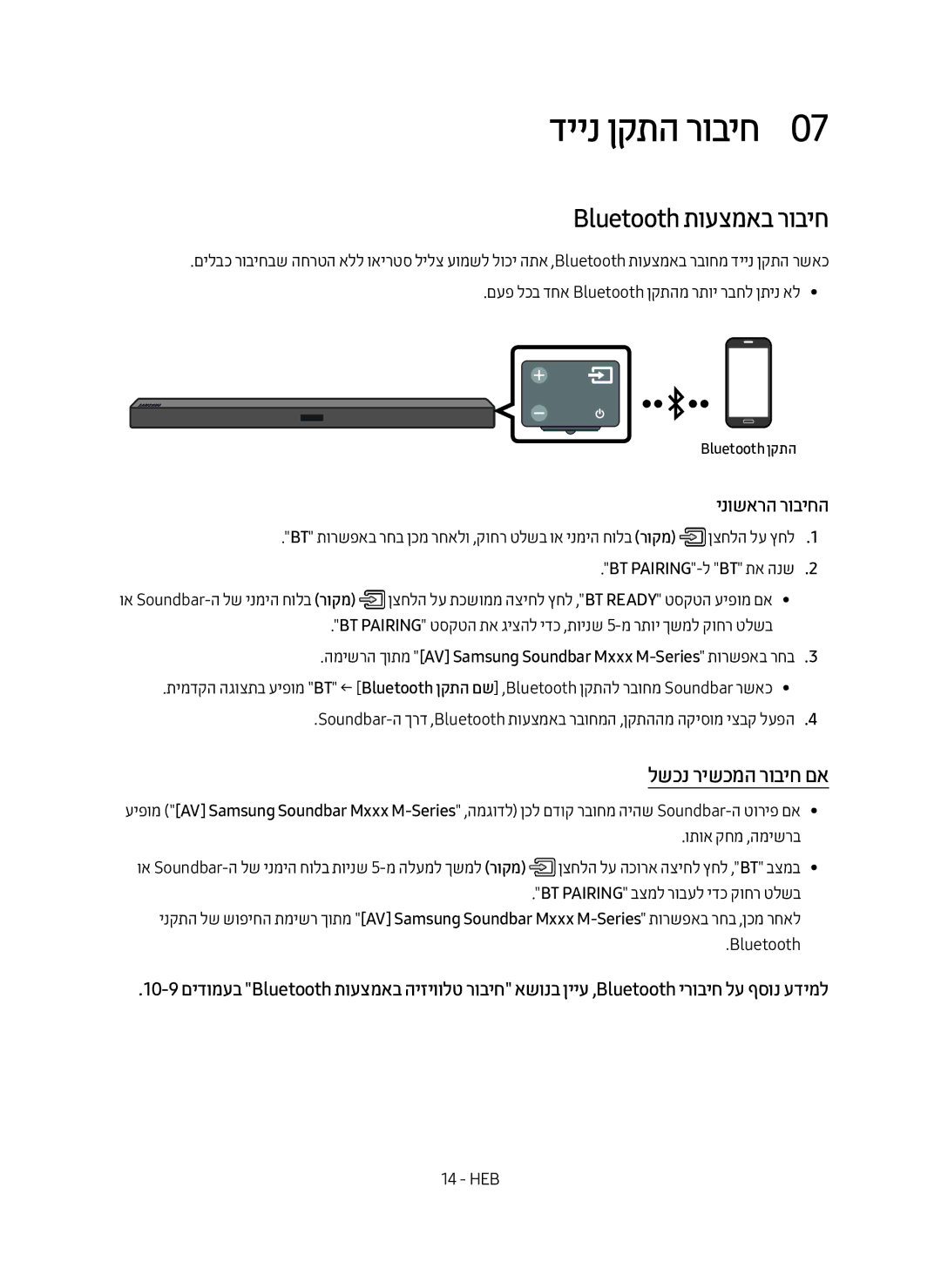 Samsung HW-M450/SQ manual דיינ ןקתה רוביח0, Bluetooth תועצמאב רוביח, לשכנ רישכמה רוביח םא, BT PAIRING-ל BT תא הנש2 