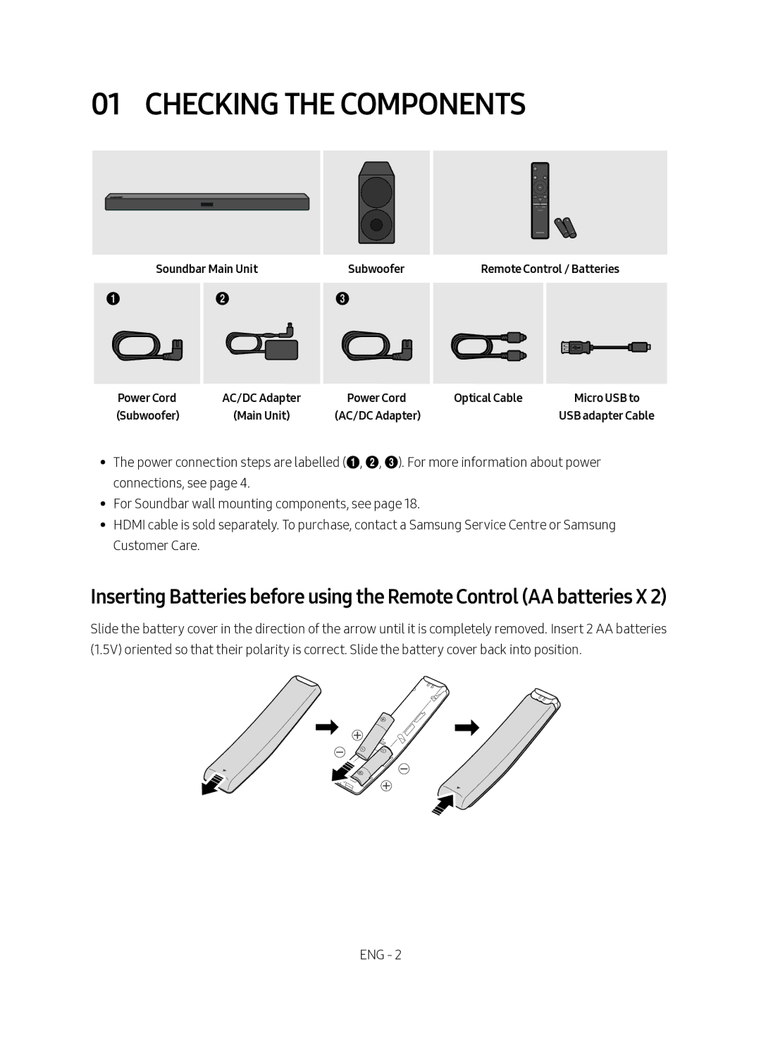 Samsung HW-M450/SQ manual Checking the Components, Soundbar Main Unit Power Cord, Subwoofer, Optical Cable 