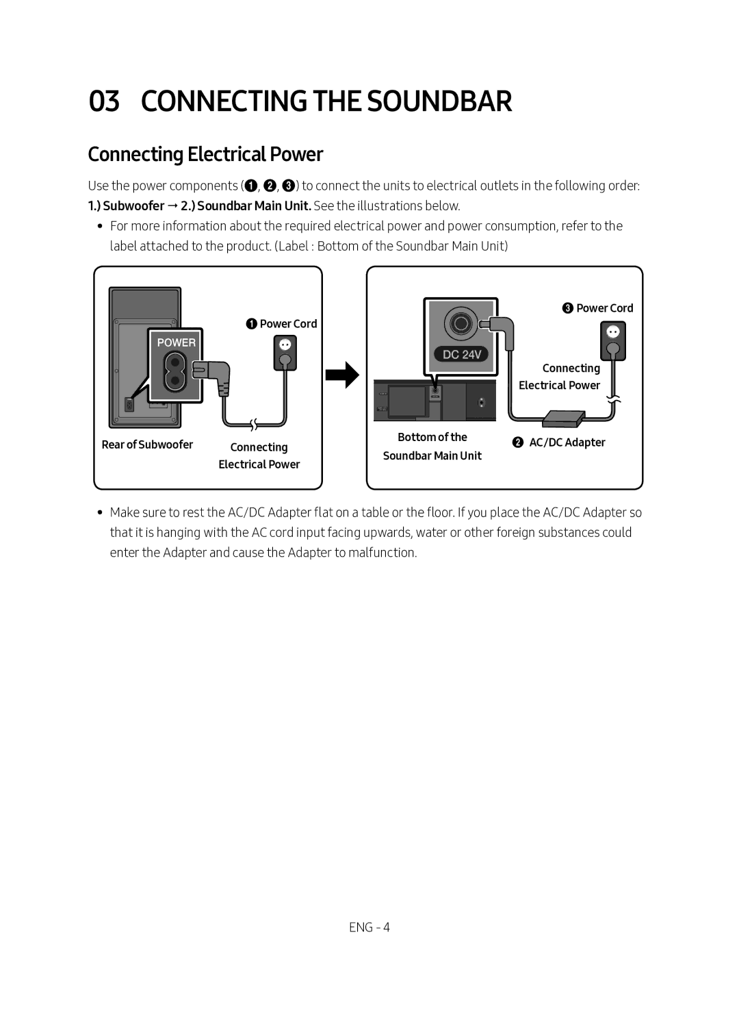 Samsung HW-M450/SQ manual Connecting the Soundbar, Connecting Electrical Power, 1Power Cord, AC/DC Adapter 