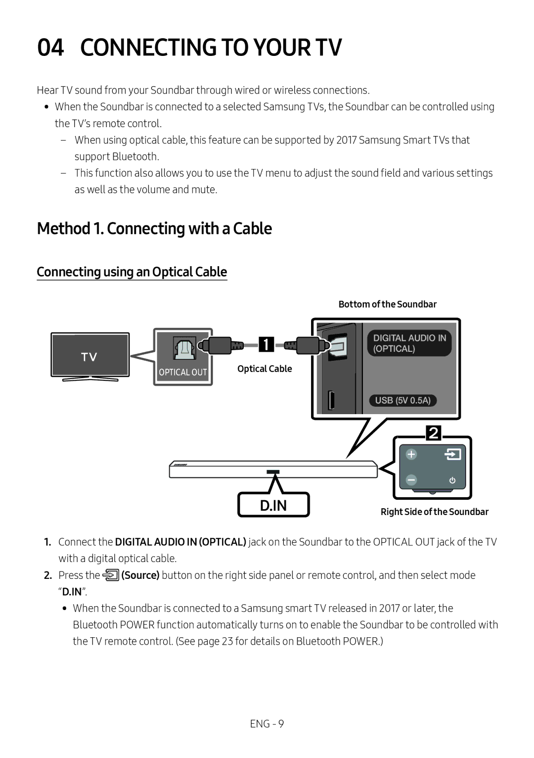 Samsung HW-M450/XV manual Connecting to Your TV, Method 1. Connecting with a Cable, Connecting using an Optical Cable 