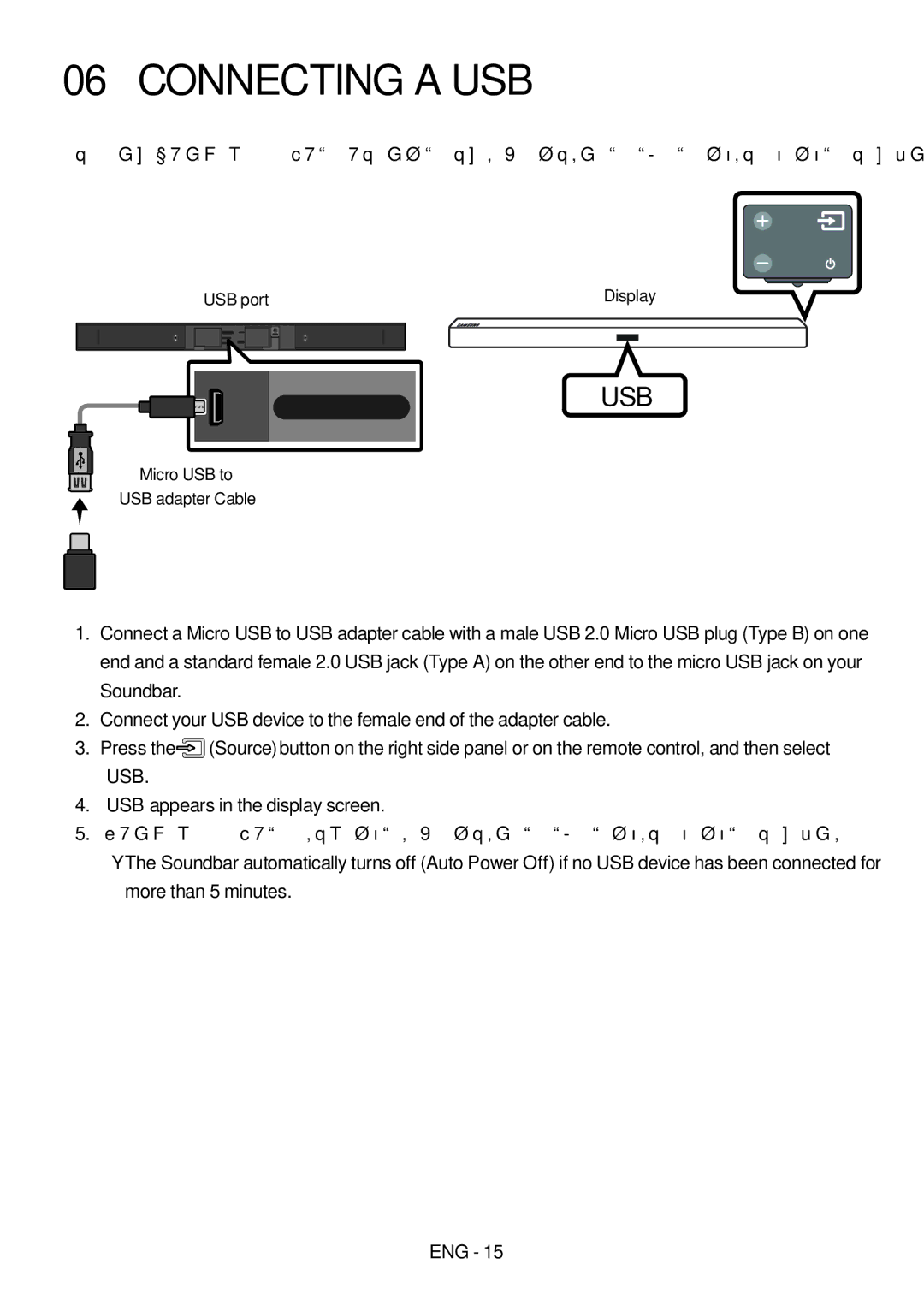 Samsung HW-M450/XV manual Connecting a USB, USB port Display, Micro USB to USB adapter Cable 