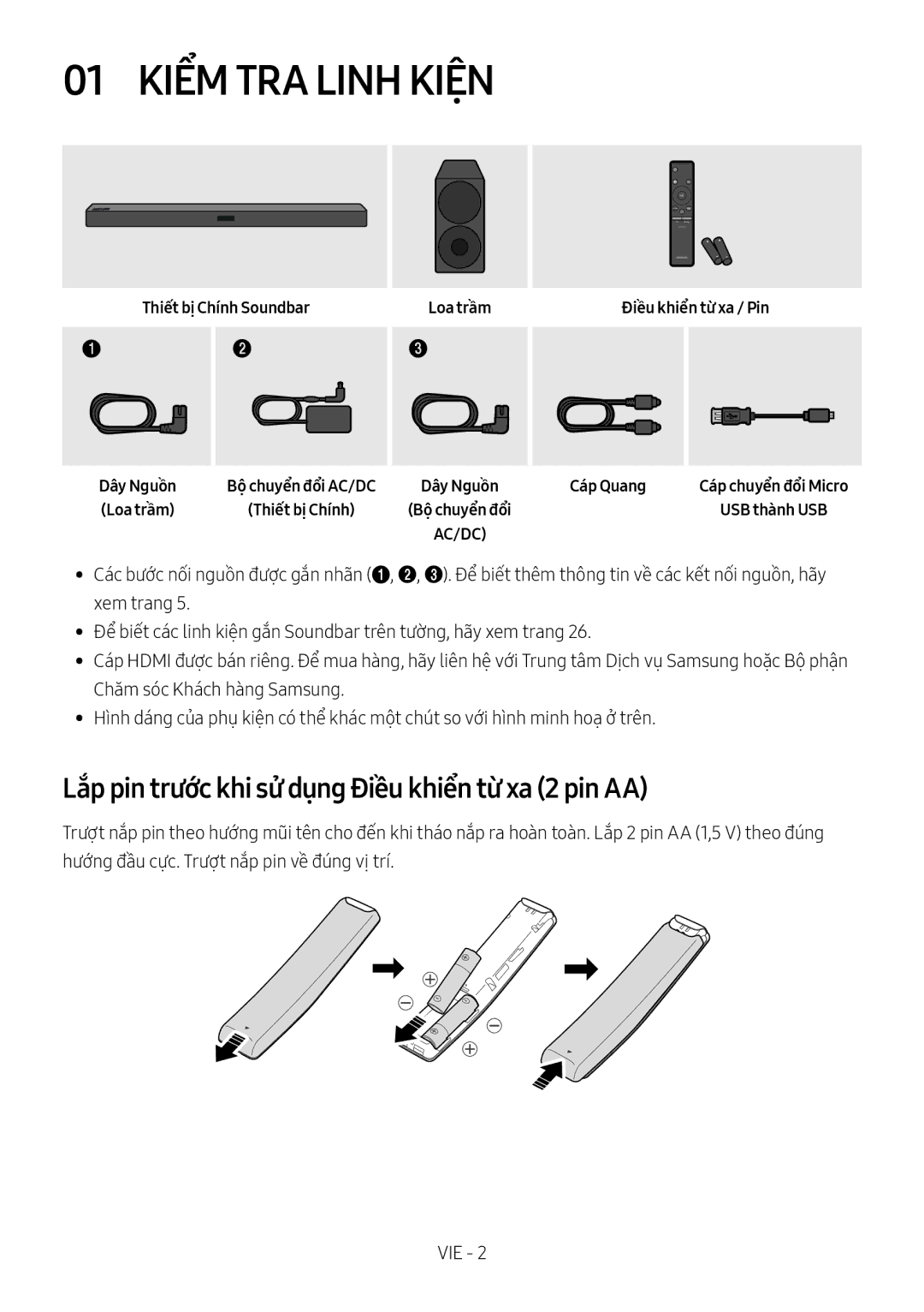 Samsung HW-M450/XV manual 01 Kiểm TRA Linh Kiện, Lắp pin trước khi sử dụng Điều khiển từ xa 2 pin AA, Dây Nguồ̀n, Cáp Quang 