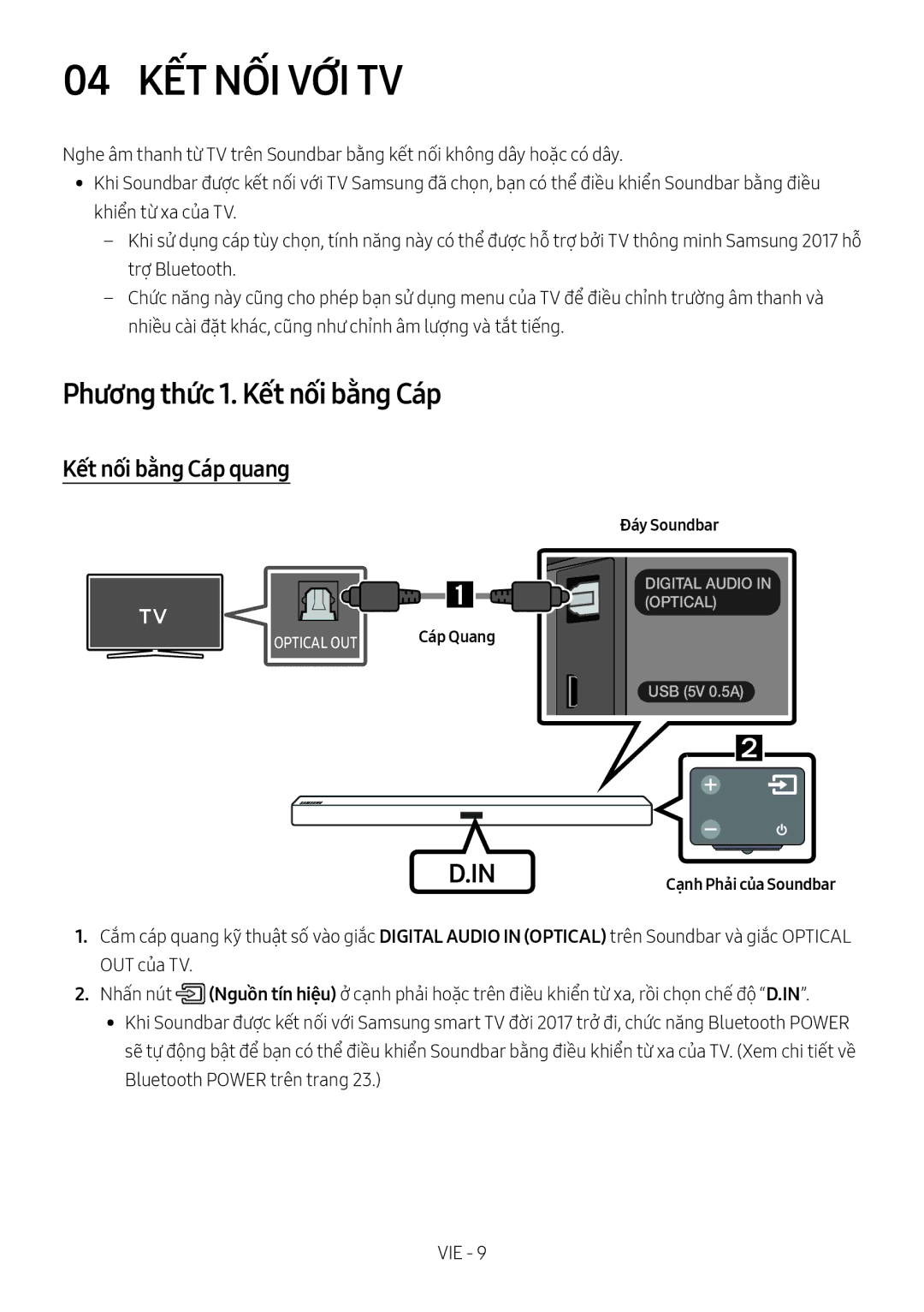 Samsung HW-M450/XV manual 04 KẾT NỐI VỚI TV, Phương thức 1. Kết nối bằng Cáp, Kết nối bằng Cáp quang, Đáy Soundbar 