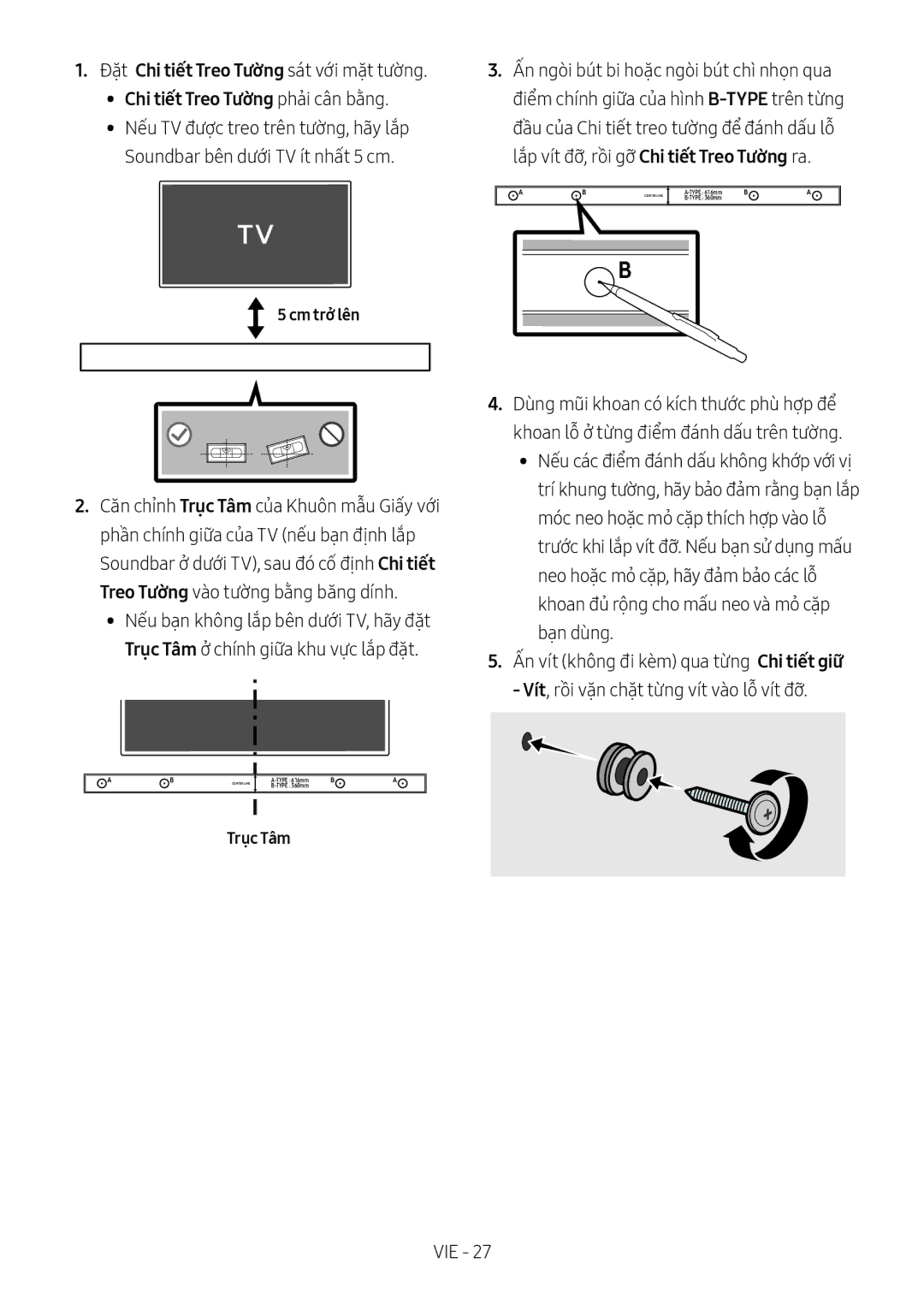 Samsung HW-M450/XV manual Chi tiết Treo Tường phả̉i cân bằng, Cm trở̉ lên, Trục Tâm 