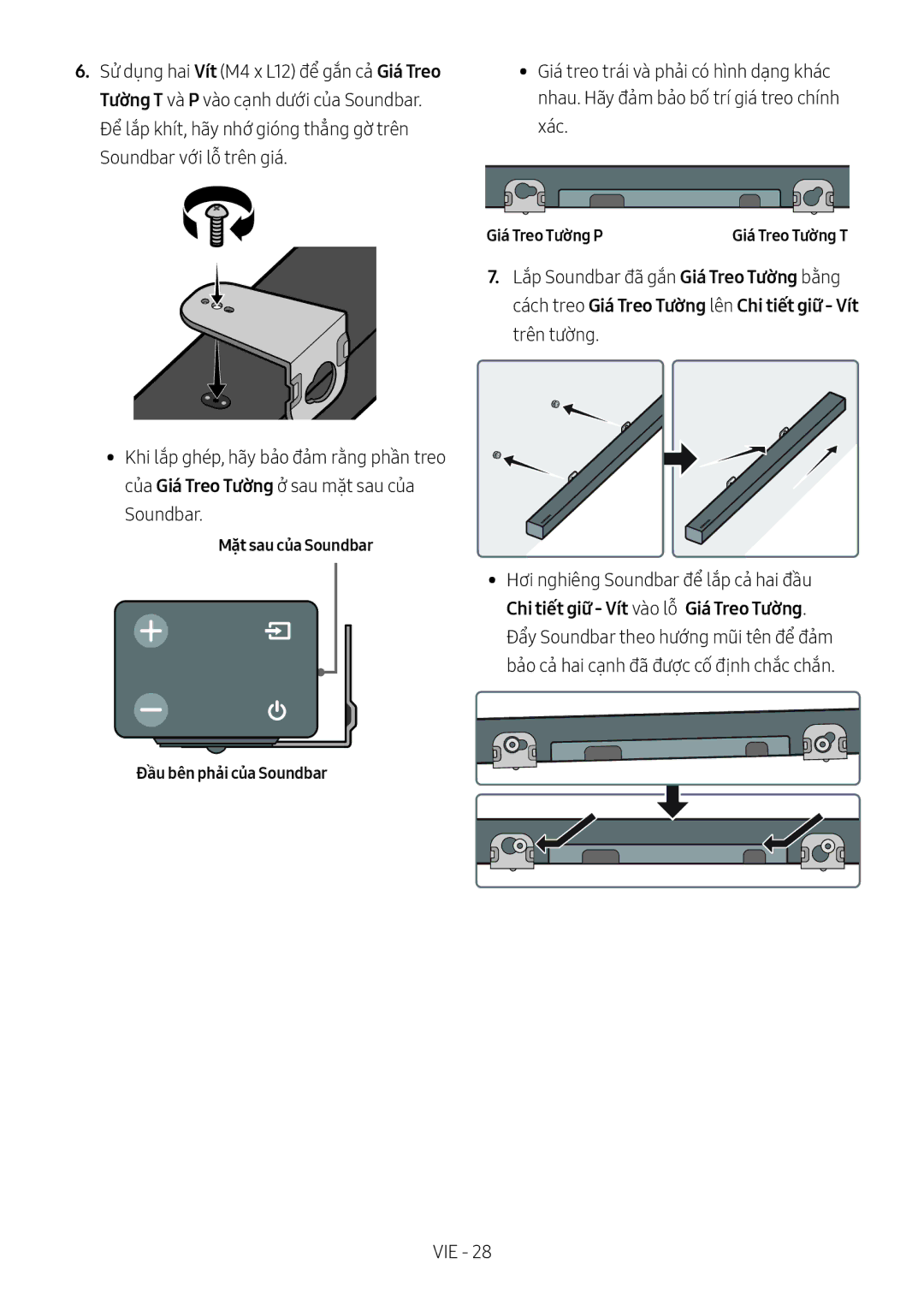 Samsung HW-M450/XV manual Chi tiết giữ Vít và̀o lỗ Giá Treo Tường, Mặt sau của Soundbar Đầu bên phải của Soundbar 