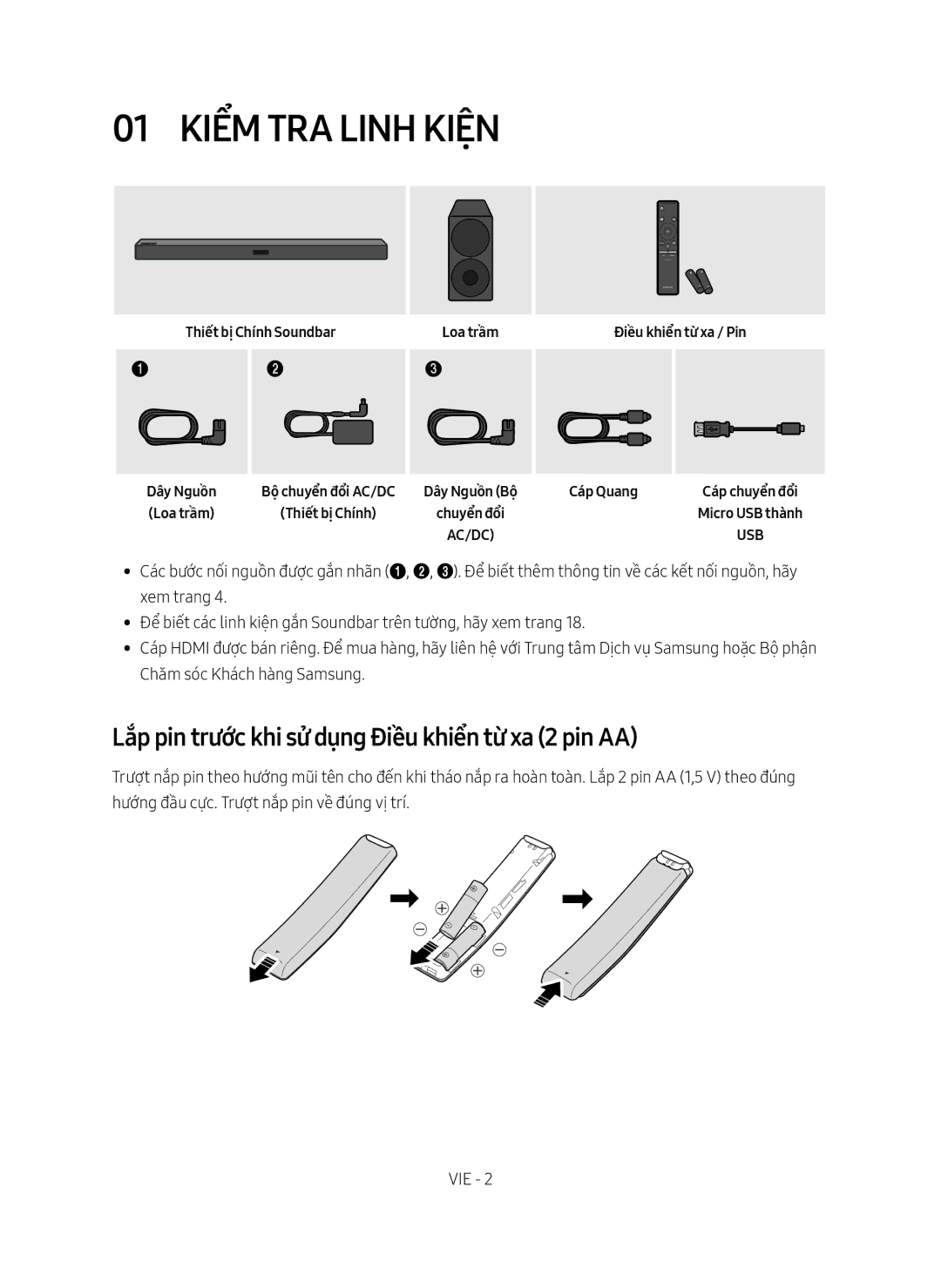 Samsung HW-M450/XV manual 01 Kiểm Tra Linh Kiện, Lắp pin trước khi sử dụng Điều khiển từ xa 2 pin AA, Dây Nguồ̀n, Cáp Quang 