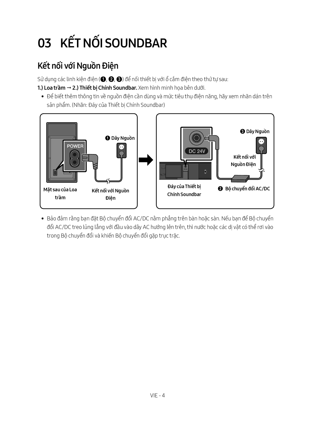 Samsung HW-M450/XV manual 03 Kết nối Soundbar, Kết nối với Nguồ̀n Điện 