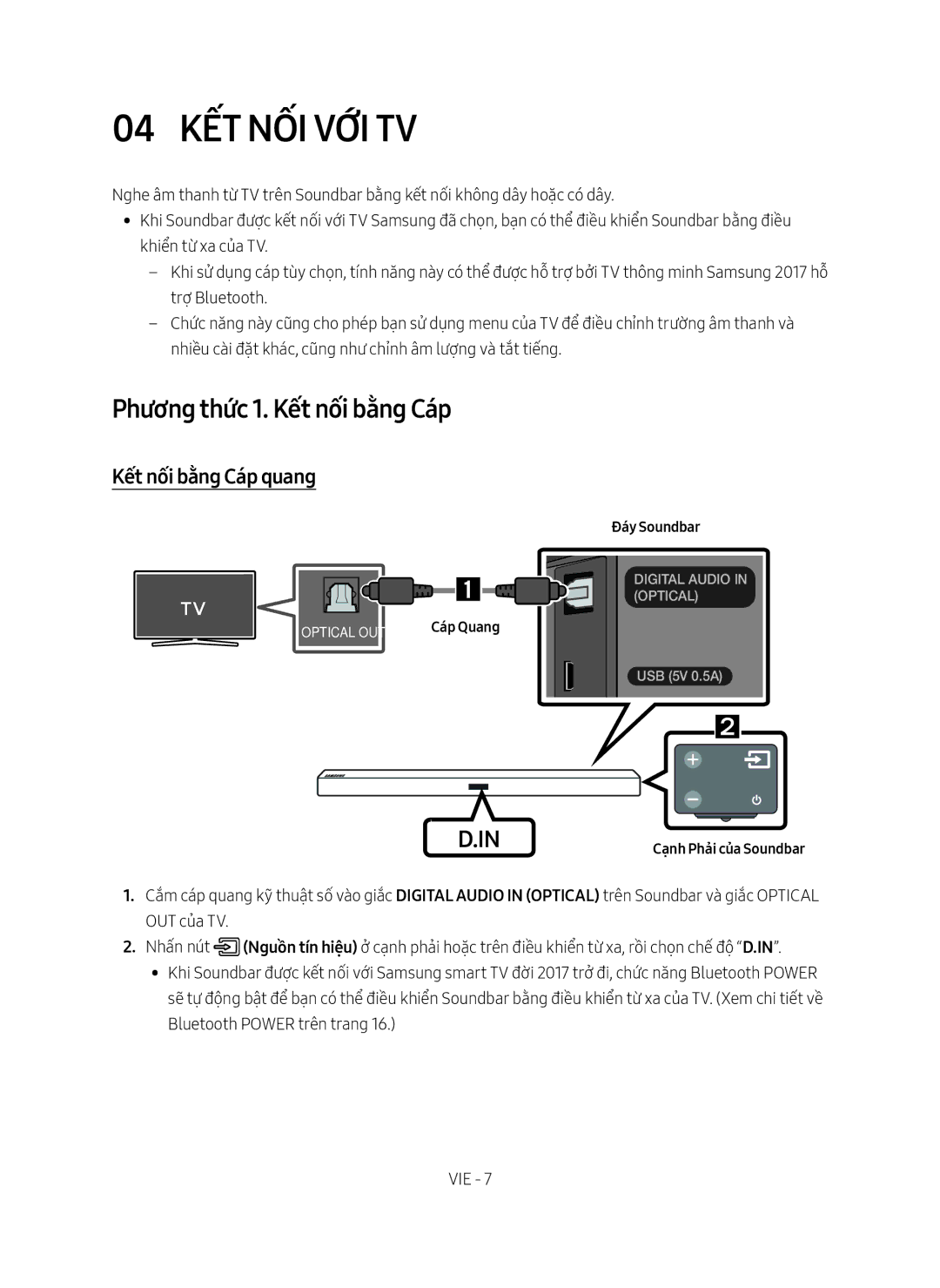 Samsung HW-M450/XV manual 04 Kết nối với TV, Phương thức 1. Kết nối bằng Cáp, Kết nối bằng Cáp quang, Đáy Soundbar 