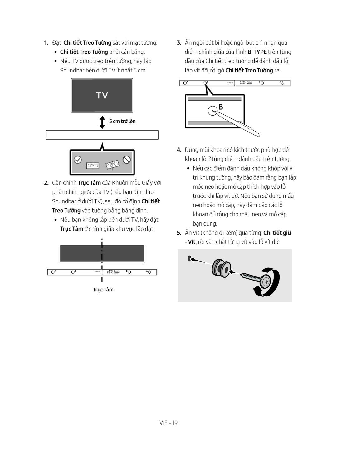 Samsung HW-M450/XV manual Chi tiết Treo Tường phả̉i cân bằ̀ng, Cm trở̉ lên, Trục Tâm 