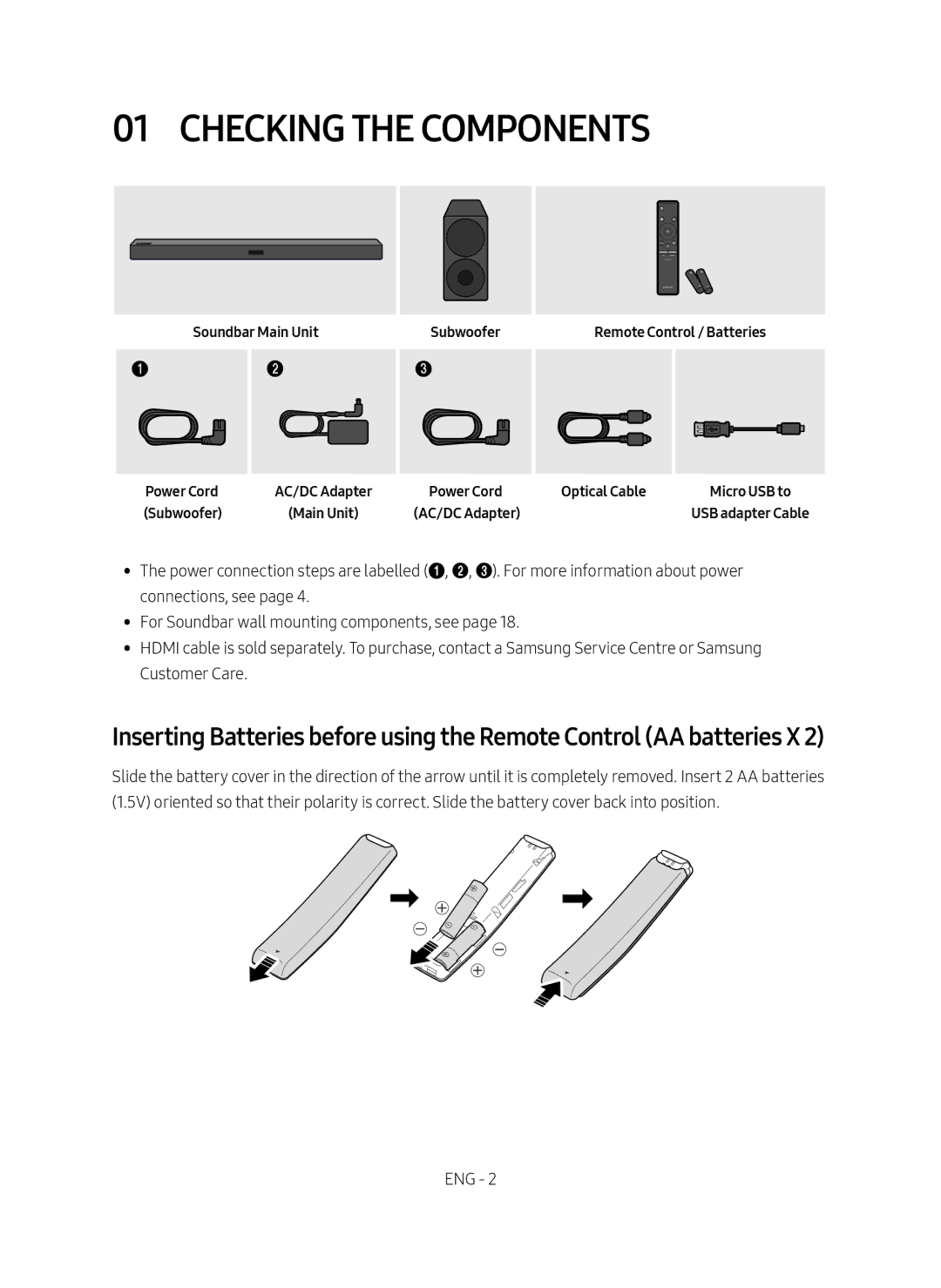 Samsung HW-M450/XV manual Checking the Components, Soundbar Main Unit Power Cord, Subwoofer, Optical Cable 