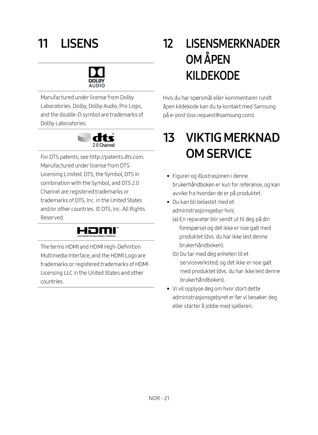 Samsung HW-M4510/XE manual Lisens, Viktig merknad om service 