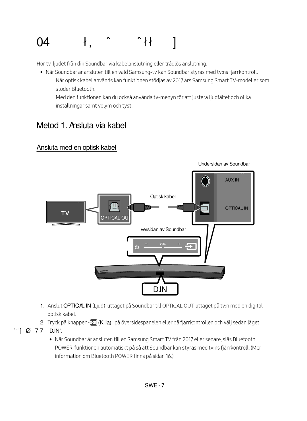 Samsung HW-M4510/XE manual Anslutning till tvn, Metod 1. Ansluta via kabel, Ansluta med en optisk kabel 