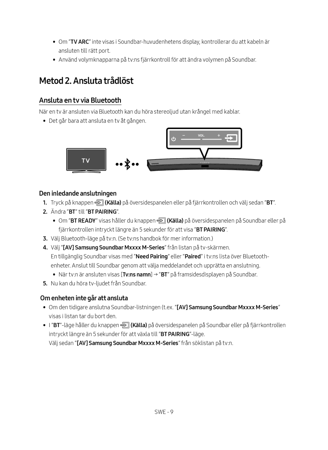 Samsung HW-M4510/XE manual Metod 2. Ansluta trådlöst, Ansluta en tv via Bluetooth, Den inledande anslutningen 