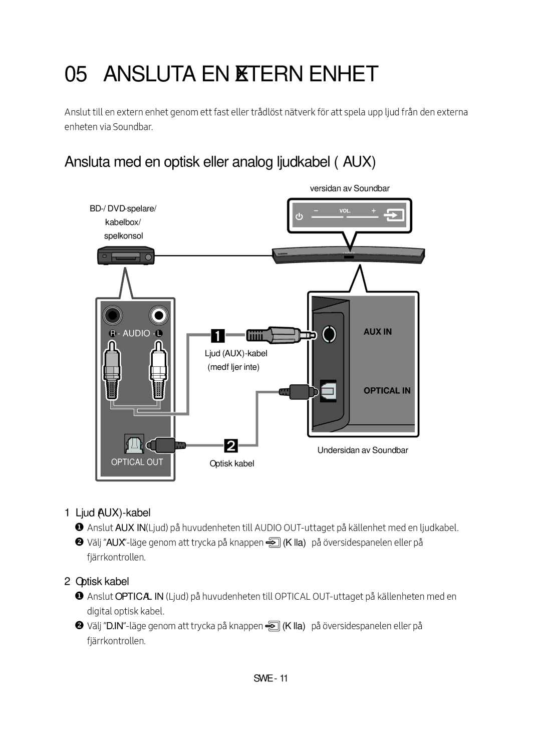 Samsung HW-M4510/XE manual Ansluta en extern enhet, Ansluta med en optisk eller analog ljudkabel AUX, Ljud AUX-kabel 