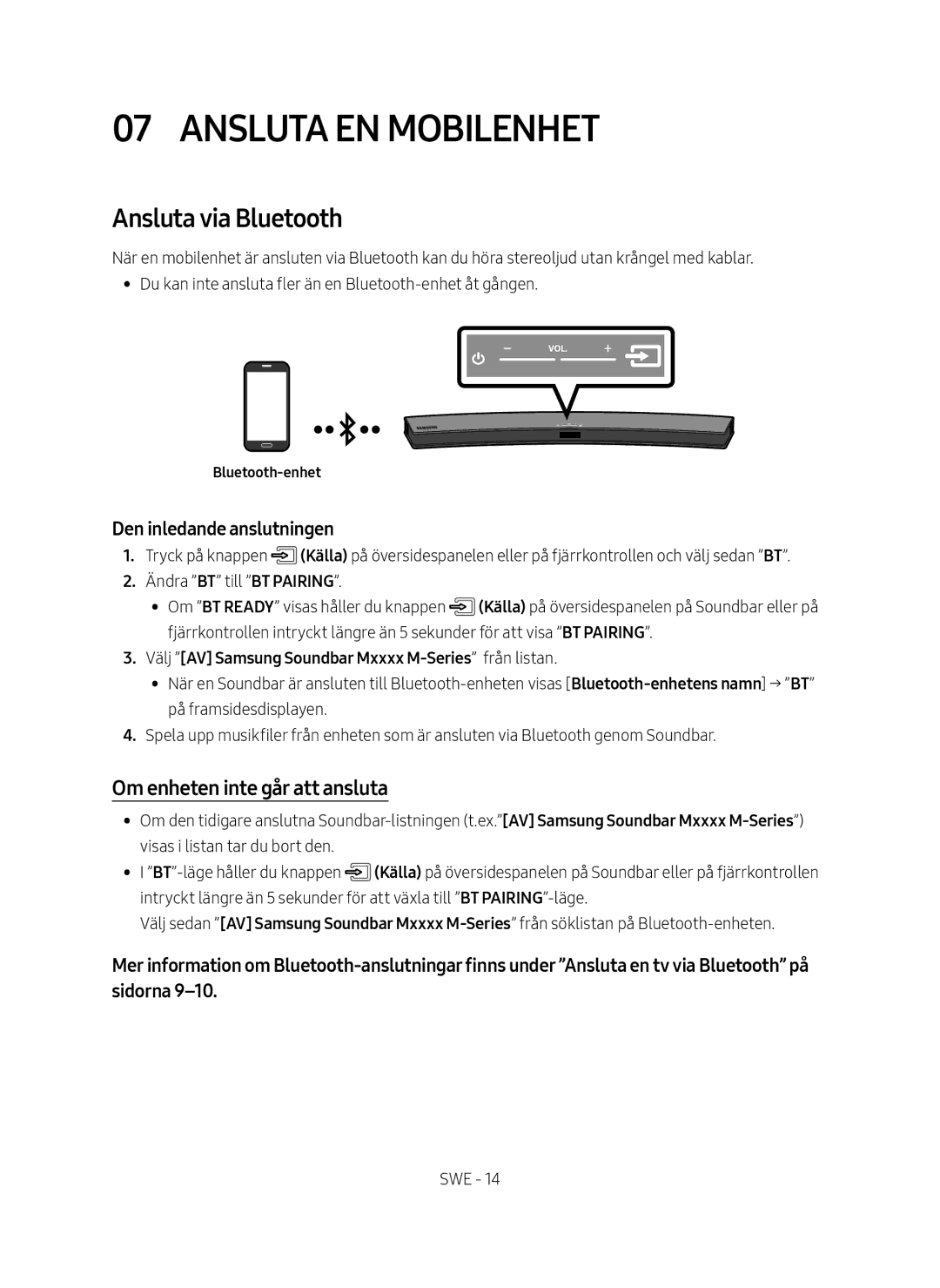 Samsung HW-M4510/XE manual Ansluta en mobilenhet, Ansluta via Bluetooth, Om enheten inte går att ansluta 