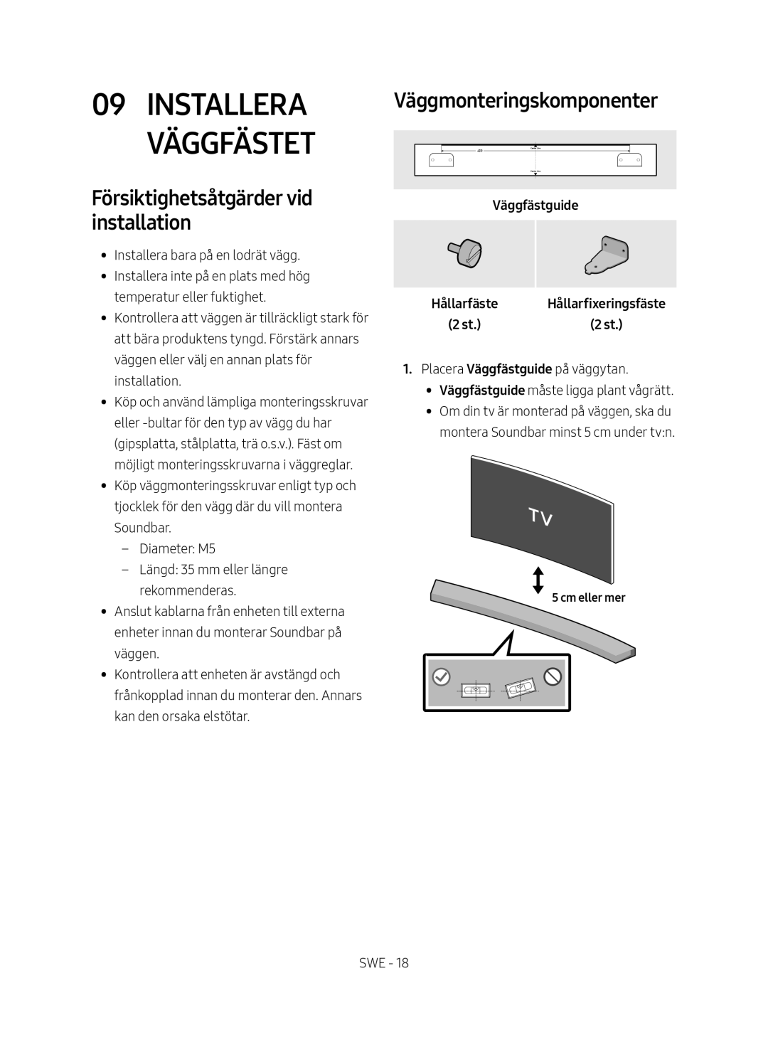 Samsung HW-M4510/XE manual Installera väggfästet, Väggmonteringskomponenter, Försiktighetsåtgärder vid installation 