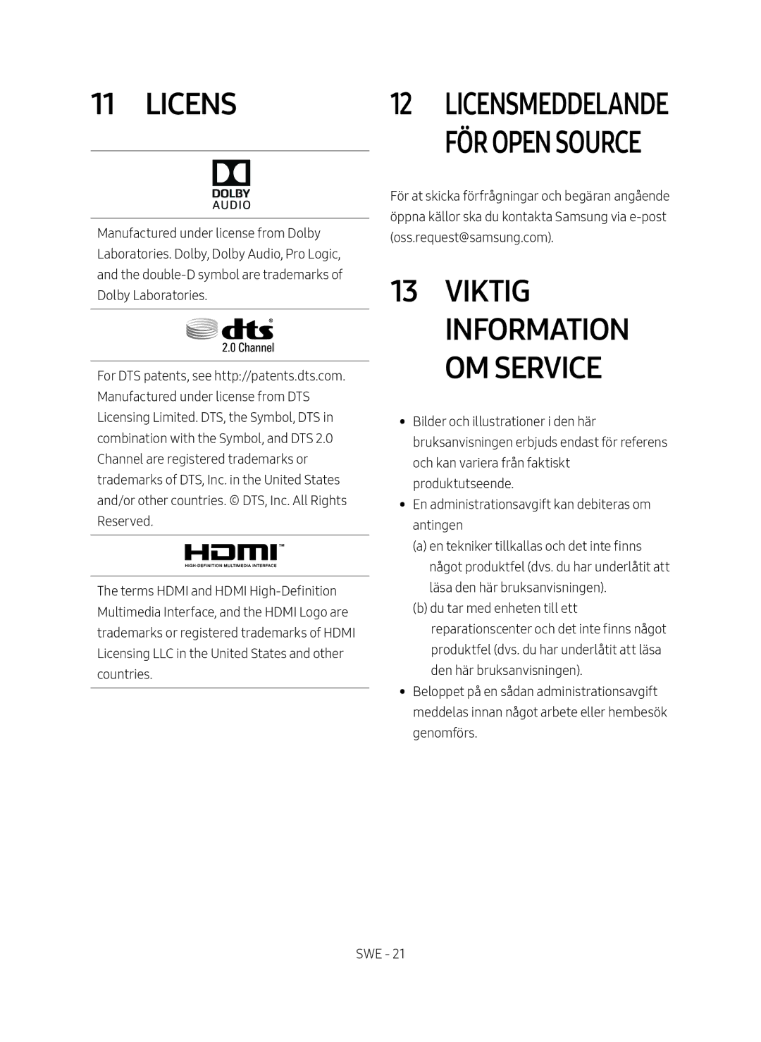 Samsung HW-M4510/XE manual Viktig information om service, Licensmeddelande för open source 