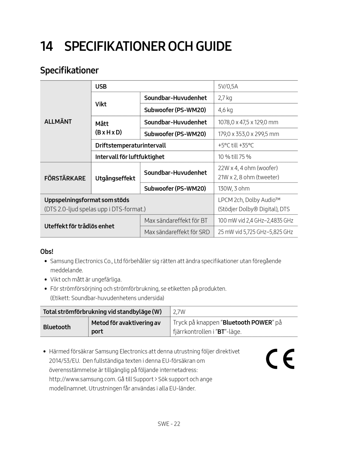 Samsung HW-M4510/XE manual Specifikationer och guide, Obs 