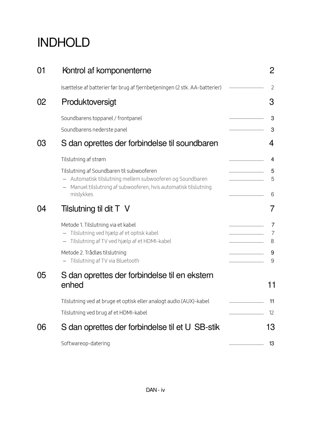 Samsung HW-M4510/XE manual Indhold, Kontrol af komponenterne, Produktoversigt, Tilslutning til dit TV, Enhed 