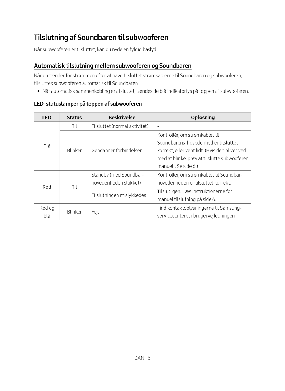 Samsung HW-M4510/XE Tilslutning af Soundbaren til subwooferen, Automatisk tilslutning mellem subwooferen og Soundbaren 