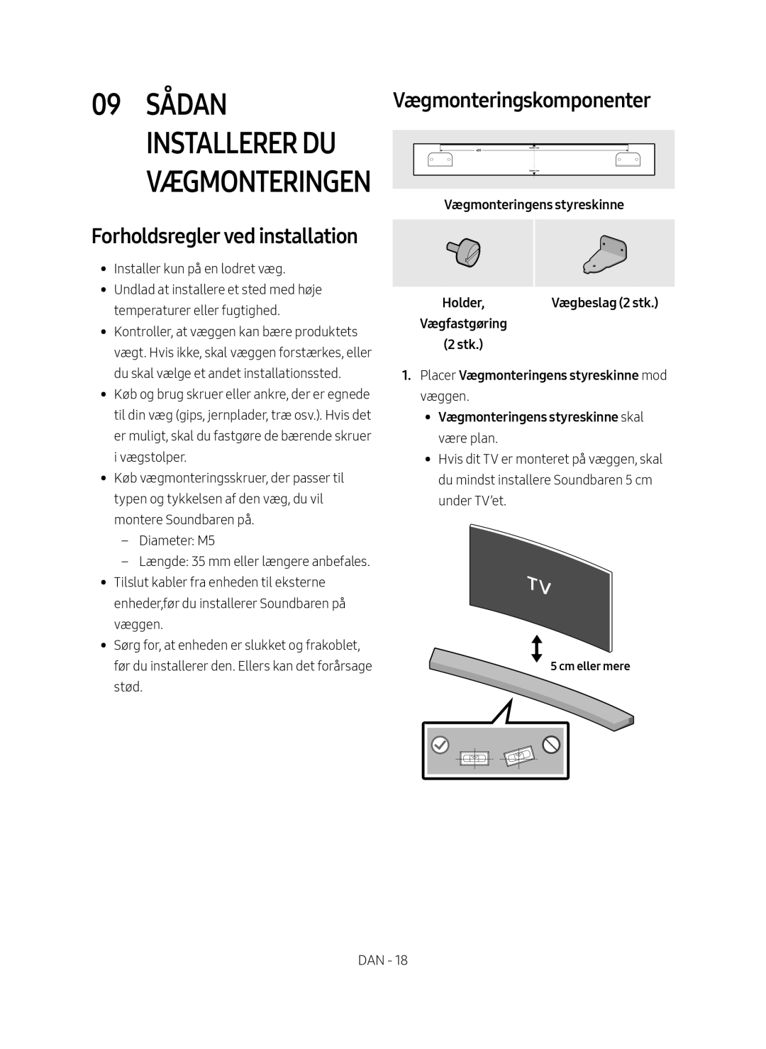 Samsung HW-M4510/XE manual Vægmonteringskomponenter, Forholdsregler ved installation, Vægmonteringens styreskinne 