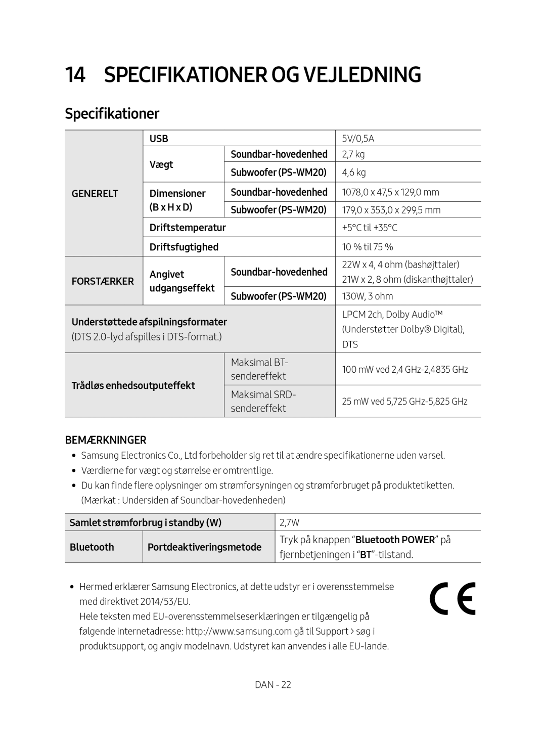 Samsung HW-M4510/XE manual Specifikationer og vejledning 