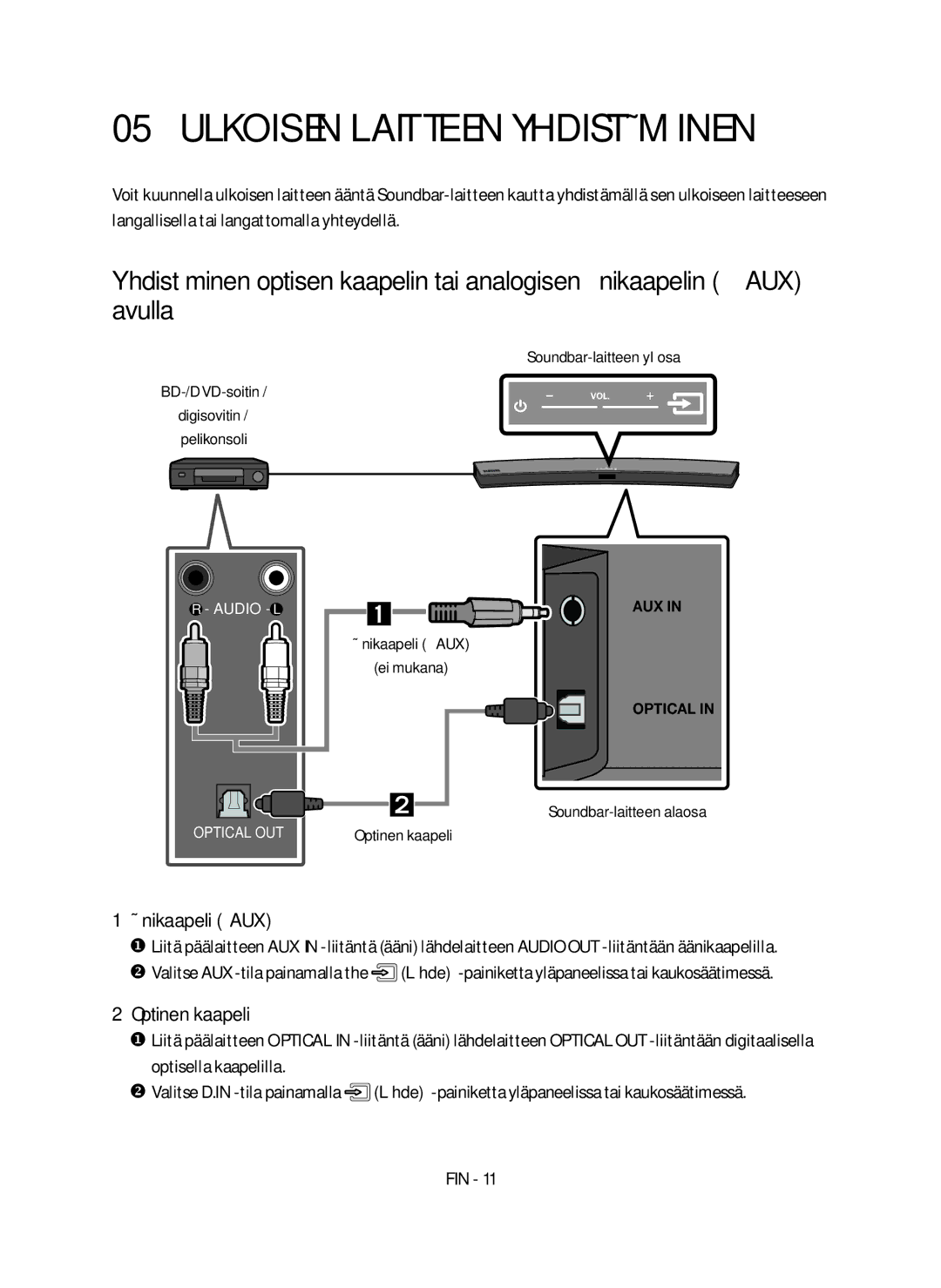 Samsung HW-M4510/XE manual Ulkoisen laitteen yhdistäminen, Äänikaapeli AUX, Optinen kaapeli 