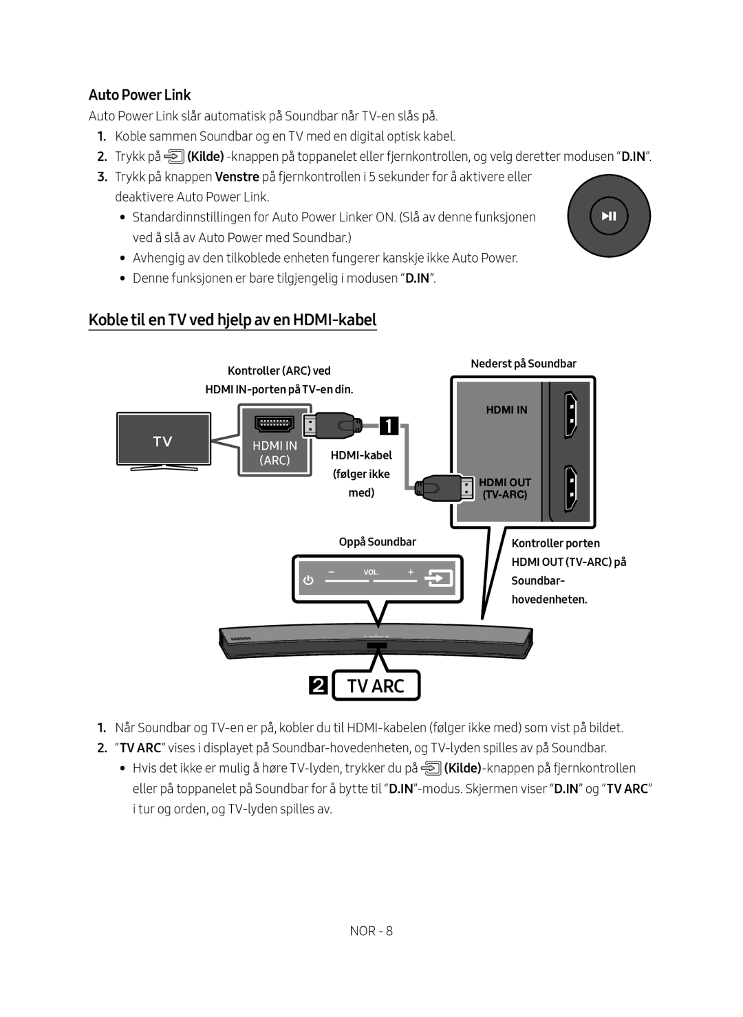 Samsung HW-M4510/XE manual Koble til en TV ved hjelp av en HDMI-kabel, Auto Power Link 